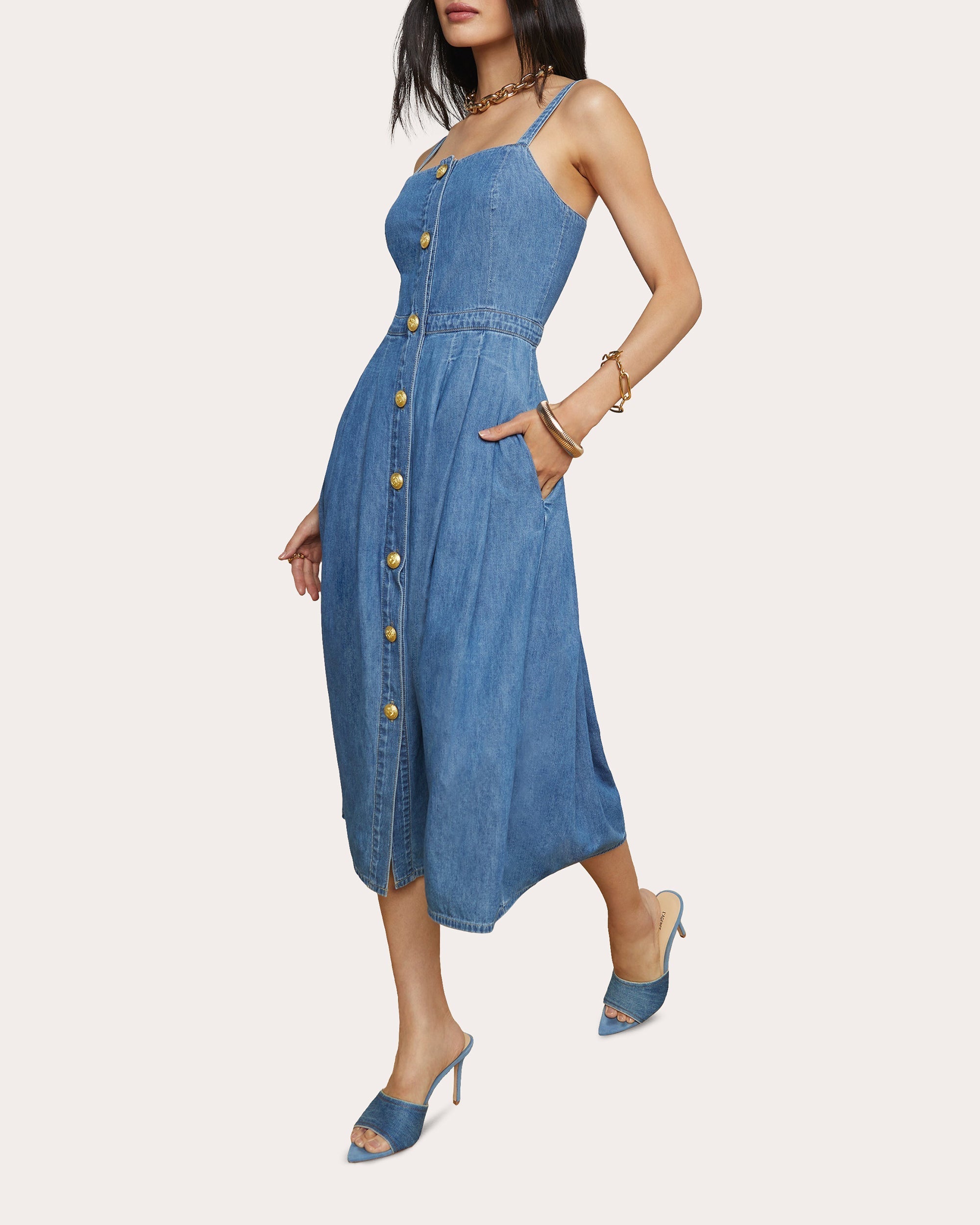 Esmeralda Cotton Chambray Pinafore Midi Dress