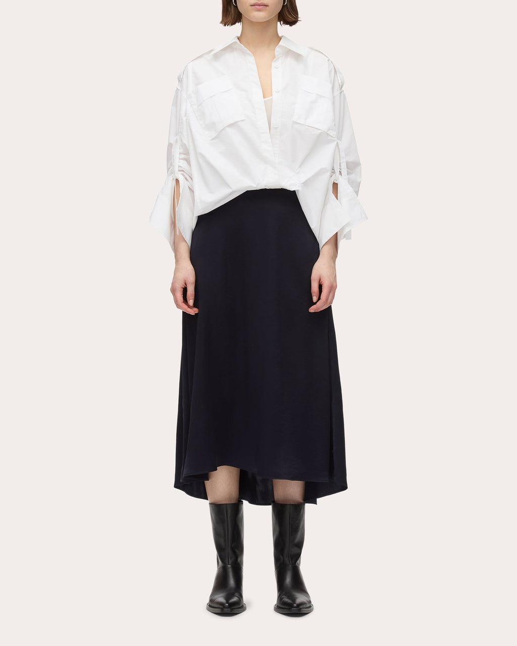 Draped Layered Poplin Satin Combo Midi Dress