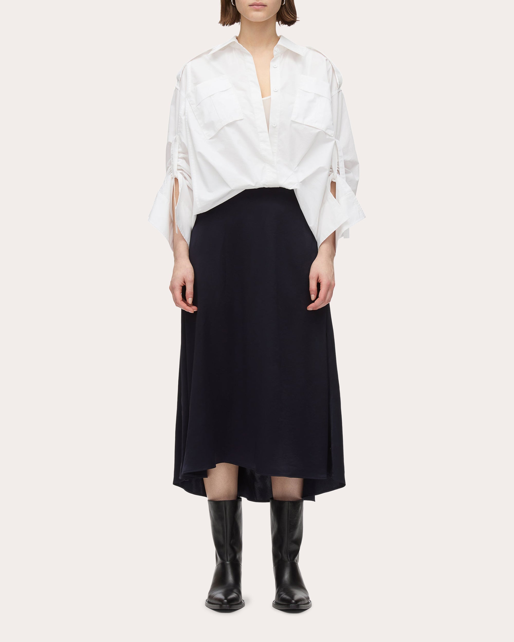 Draped Layered Poplin Satin Combo Midi Dress