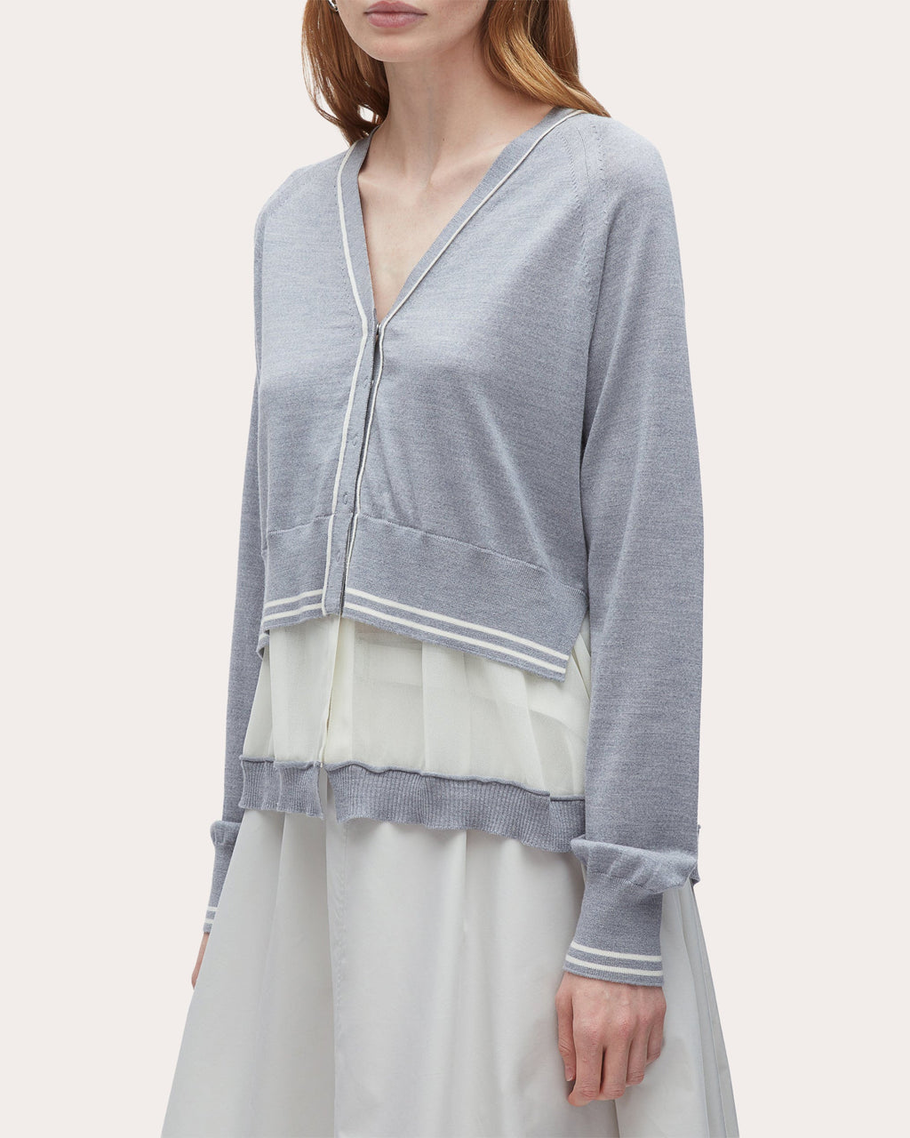 Layered Chiffon-Paneled Wool Cardigan
