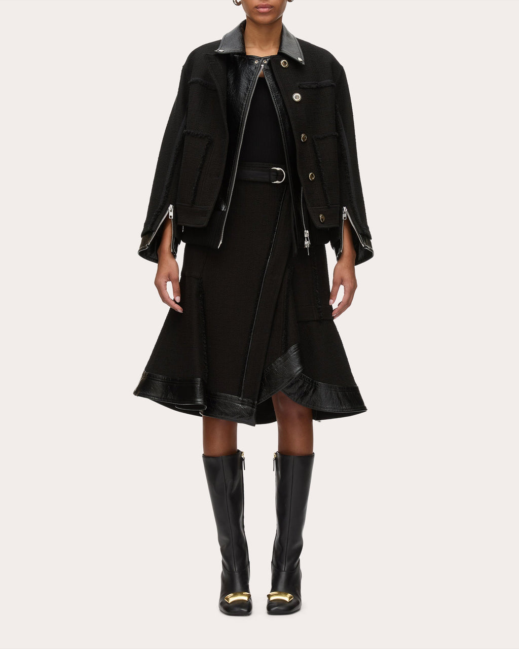 Layered Faux Leather-Trim Tweed Jacket