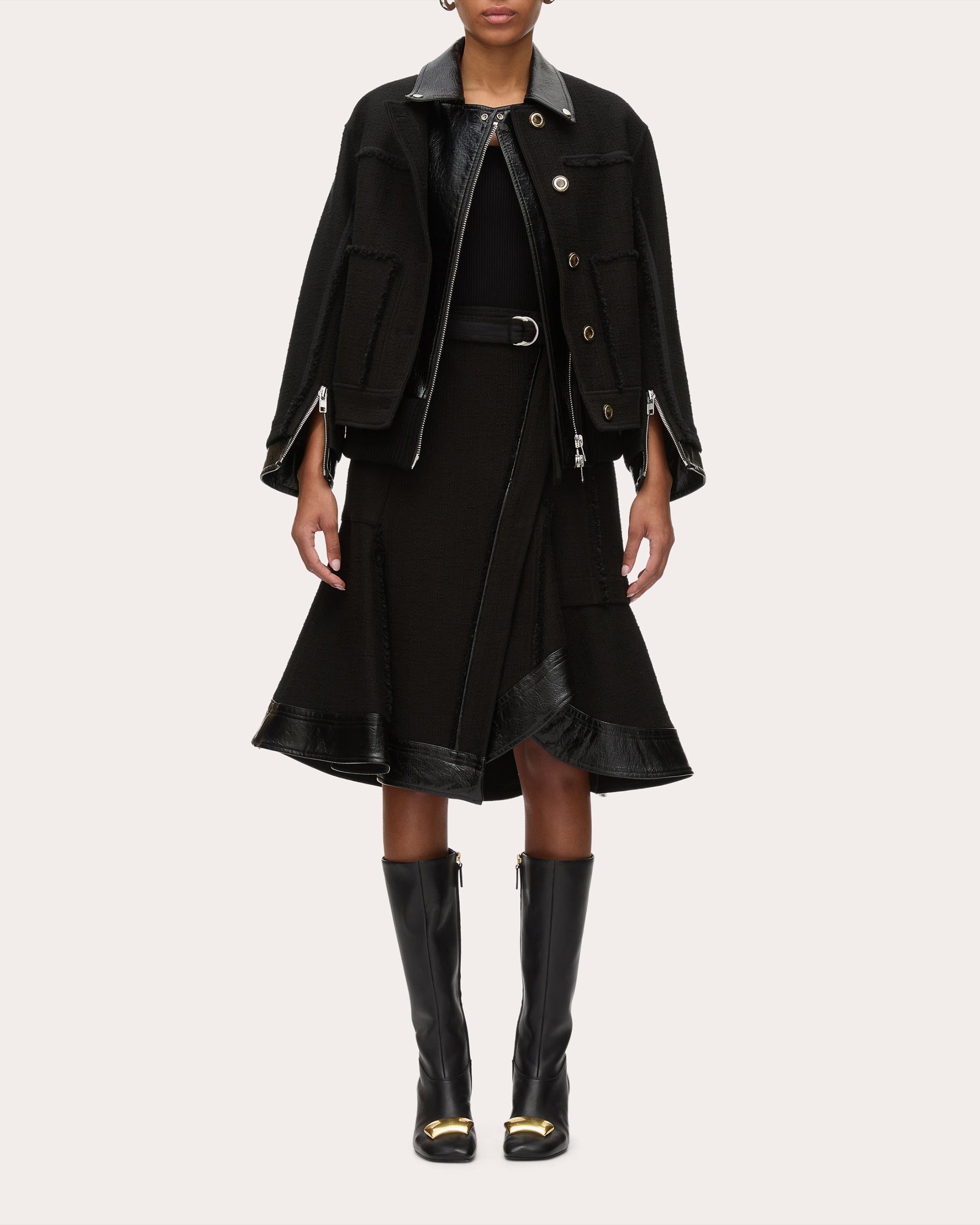 Layered Faux Leather-Trim Tweed Jacket