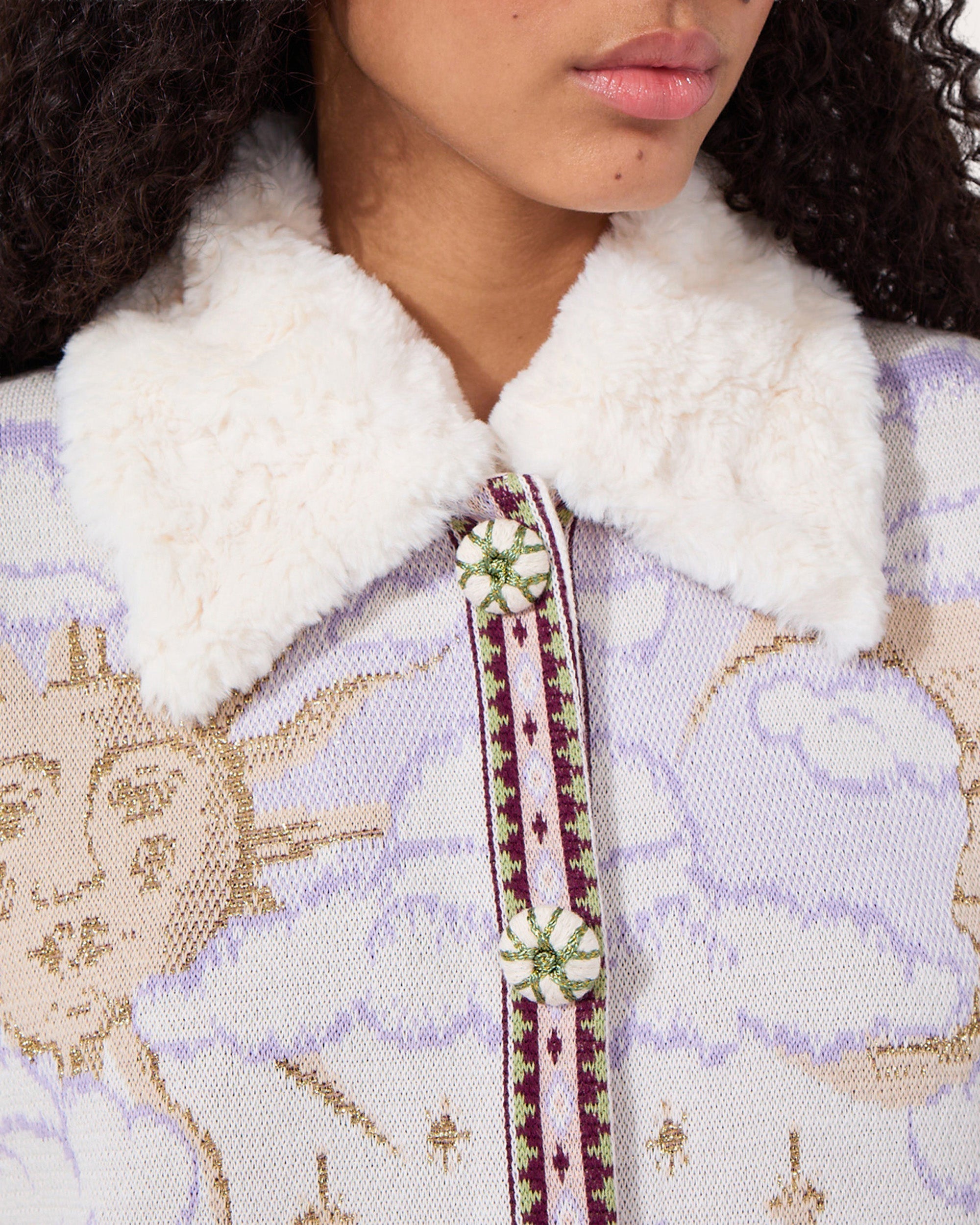 Written in the Stars Faux Fur Trimmed Jacquard Knit Jacket