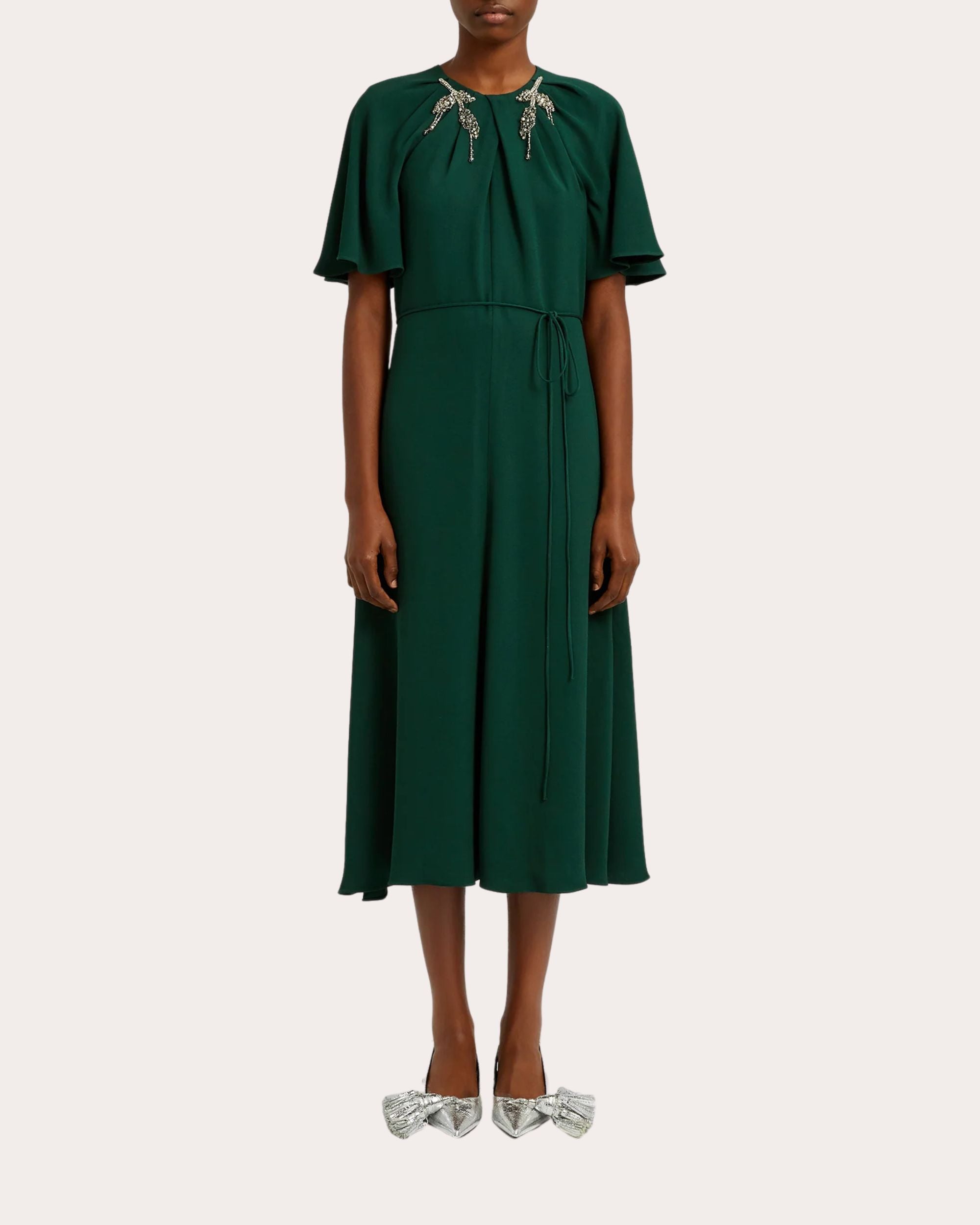Crystal Brooch Crepe A-Line Midi Dress