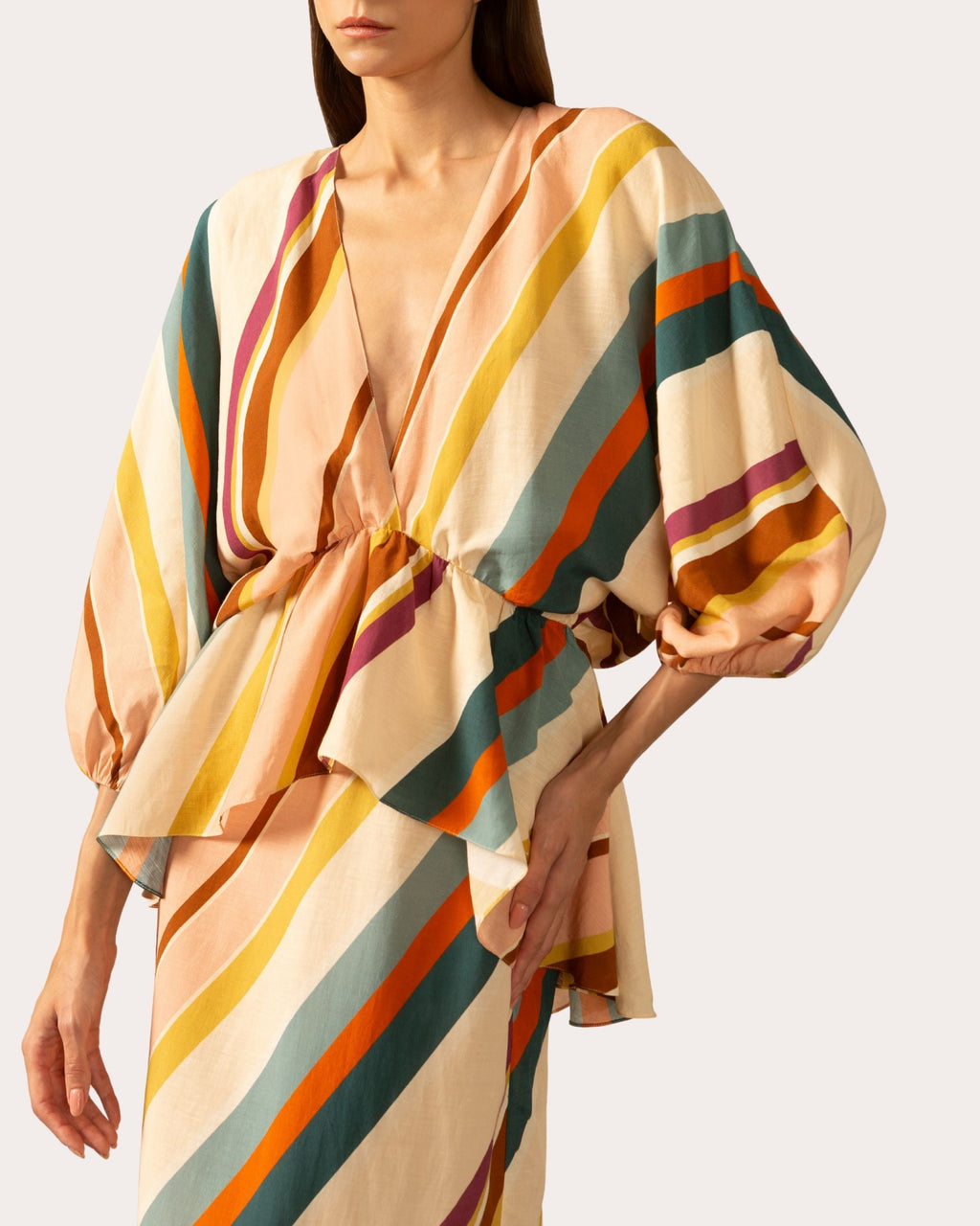 Striped Linen-Blend Peplum Midi Dress