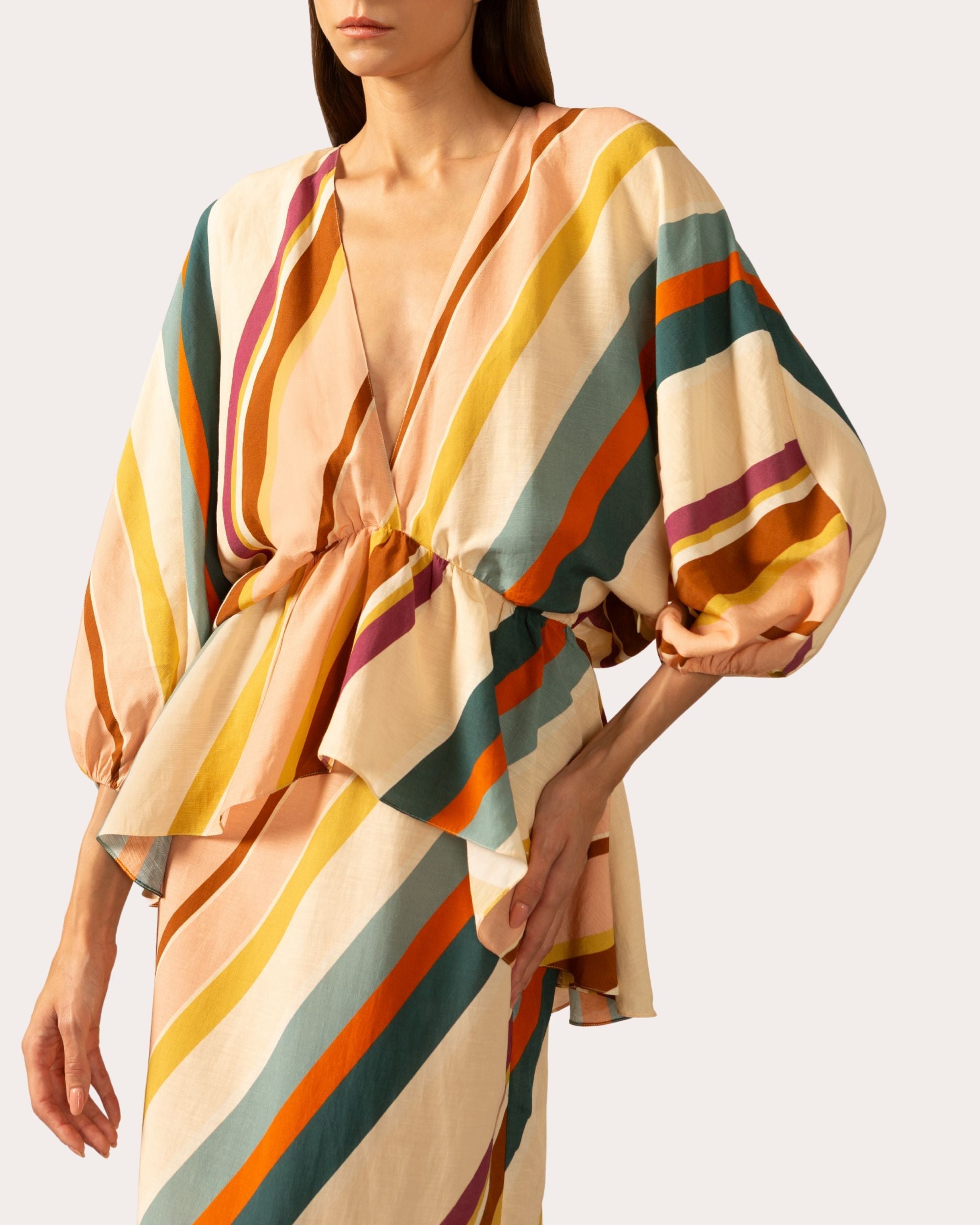 Striped Linen-Blend Peplum Midi Dress