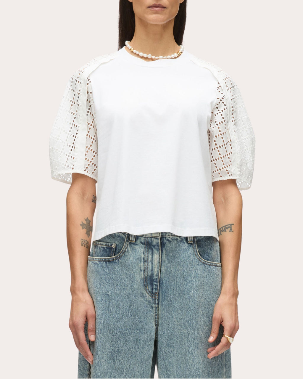 Broderie Anglaise Paneled Cotton Jersey Top