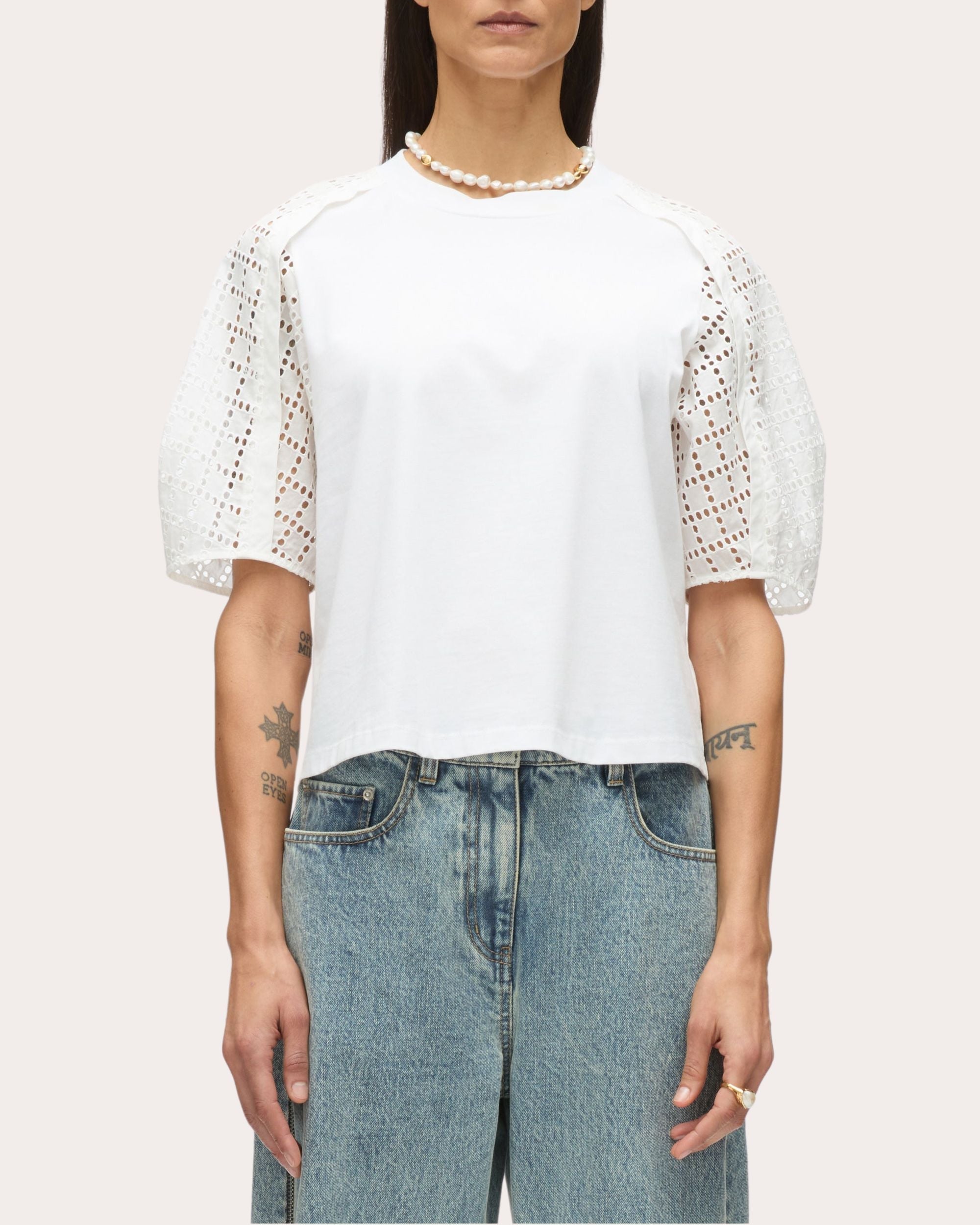 Broderie Anglaise Paneled Cotton Jersey Top