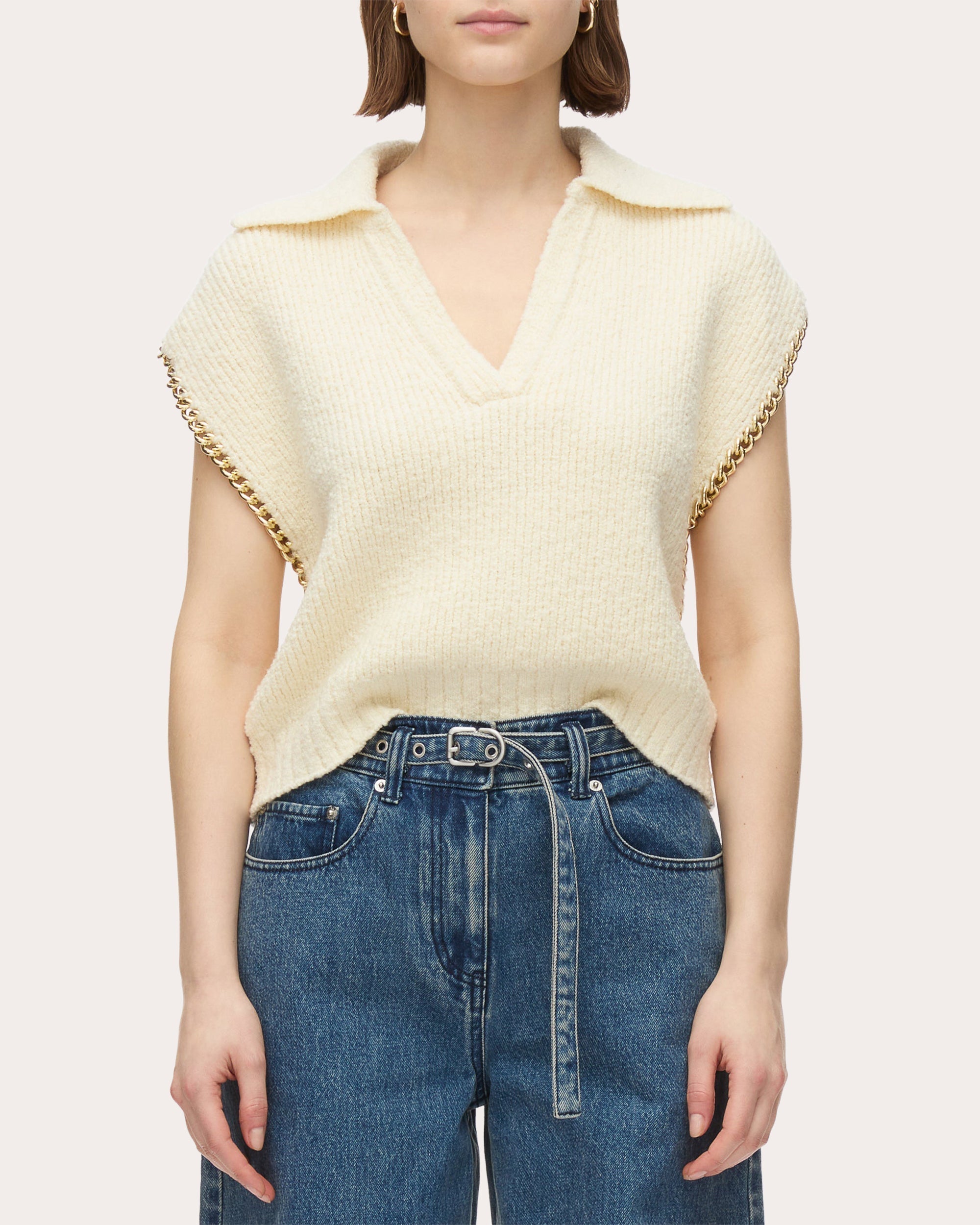 Cropped Chain-Embellished Wool Bouclé Knit Sweater