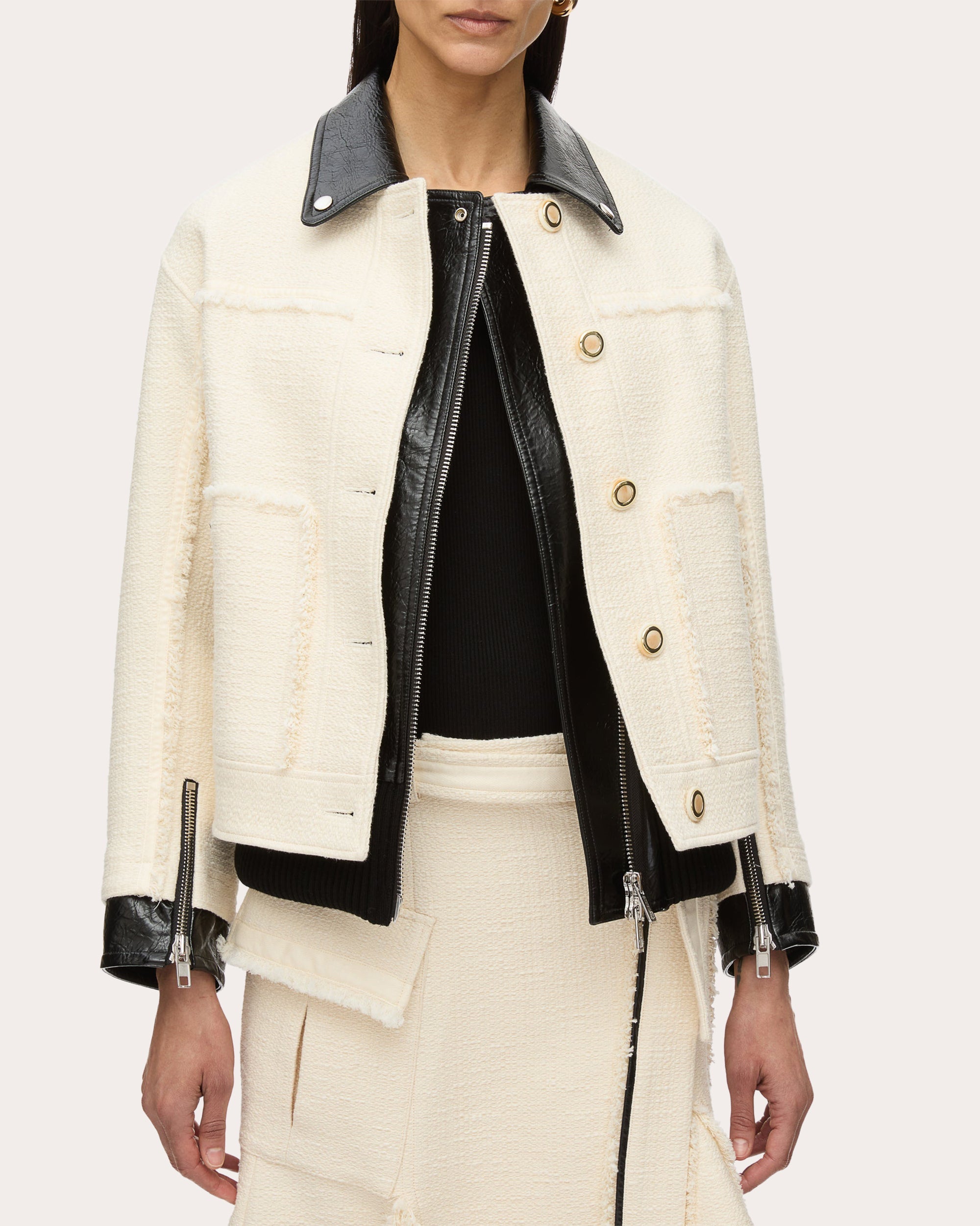 Layered Faux Leather-Trim Tweed Jacket