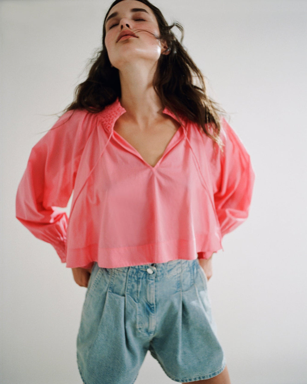 Kay Pleated Wide-Leg Denim Shorts