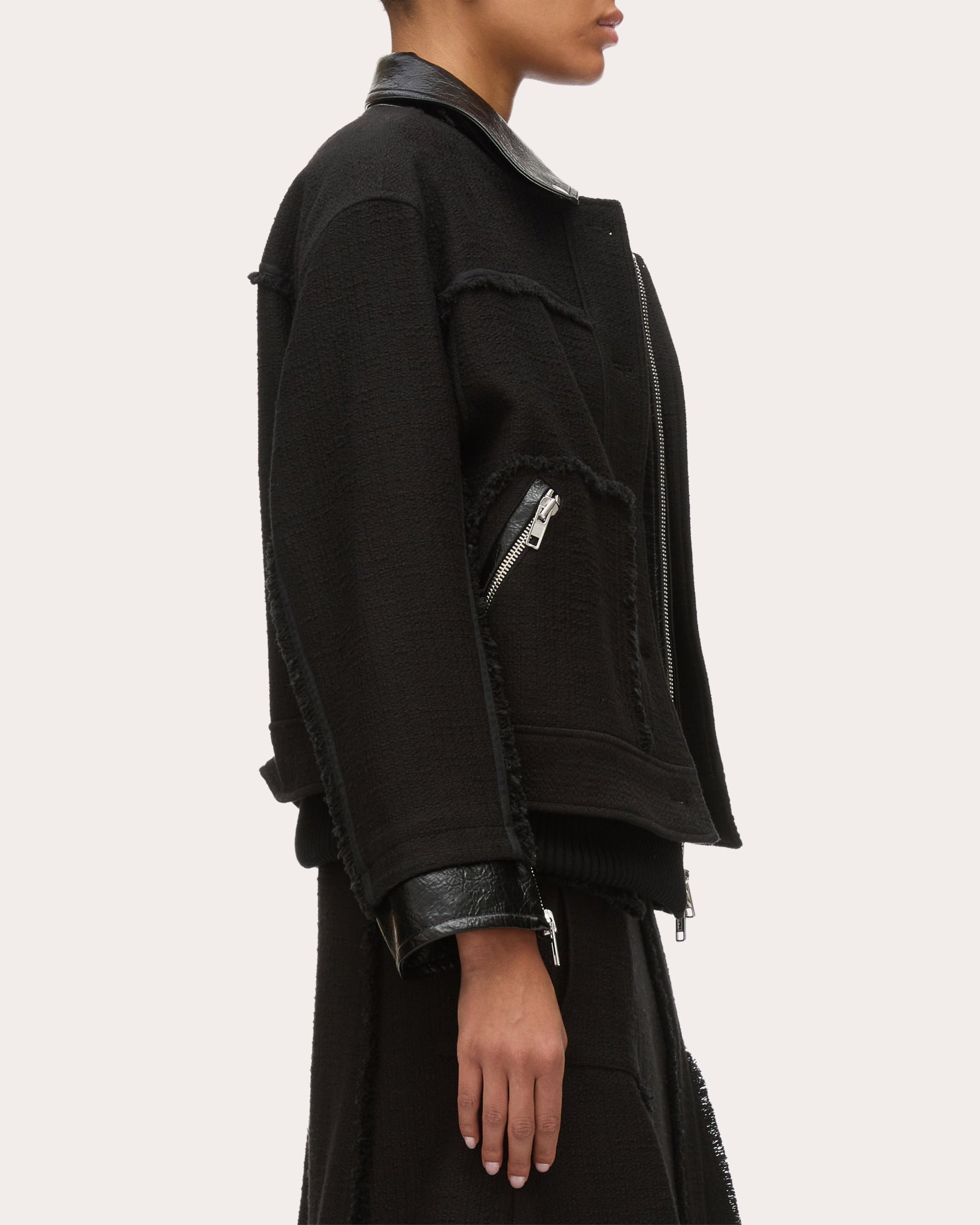 Layered Faux Leather-Trim Tweed Jacket