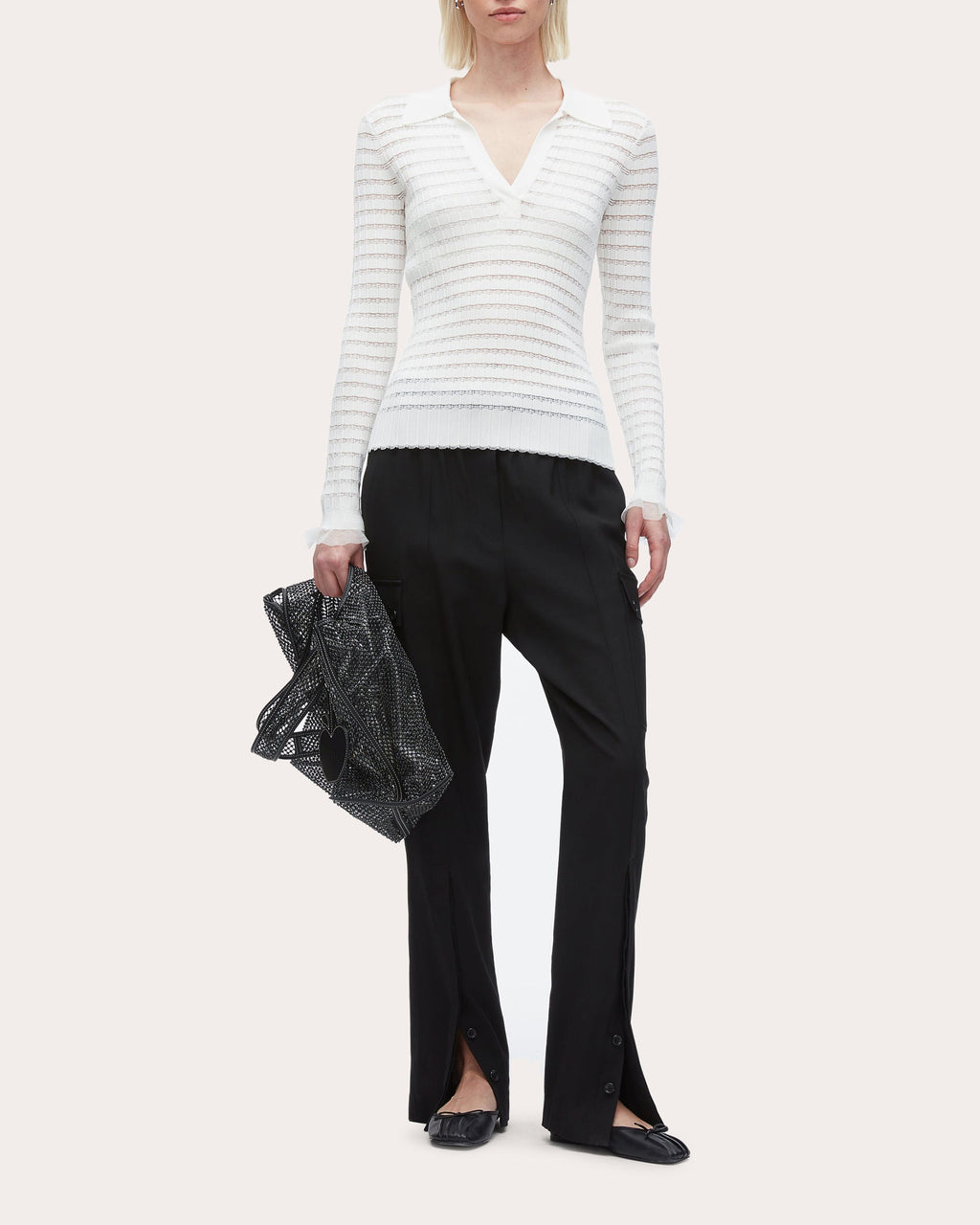 Ribbed Pointelle Knit Polo Top