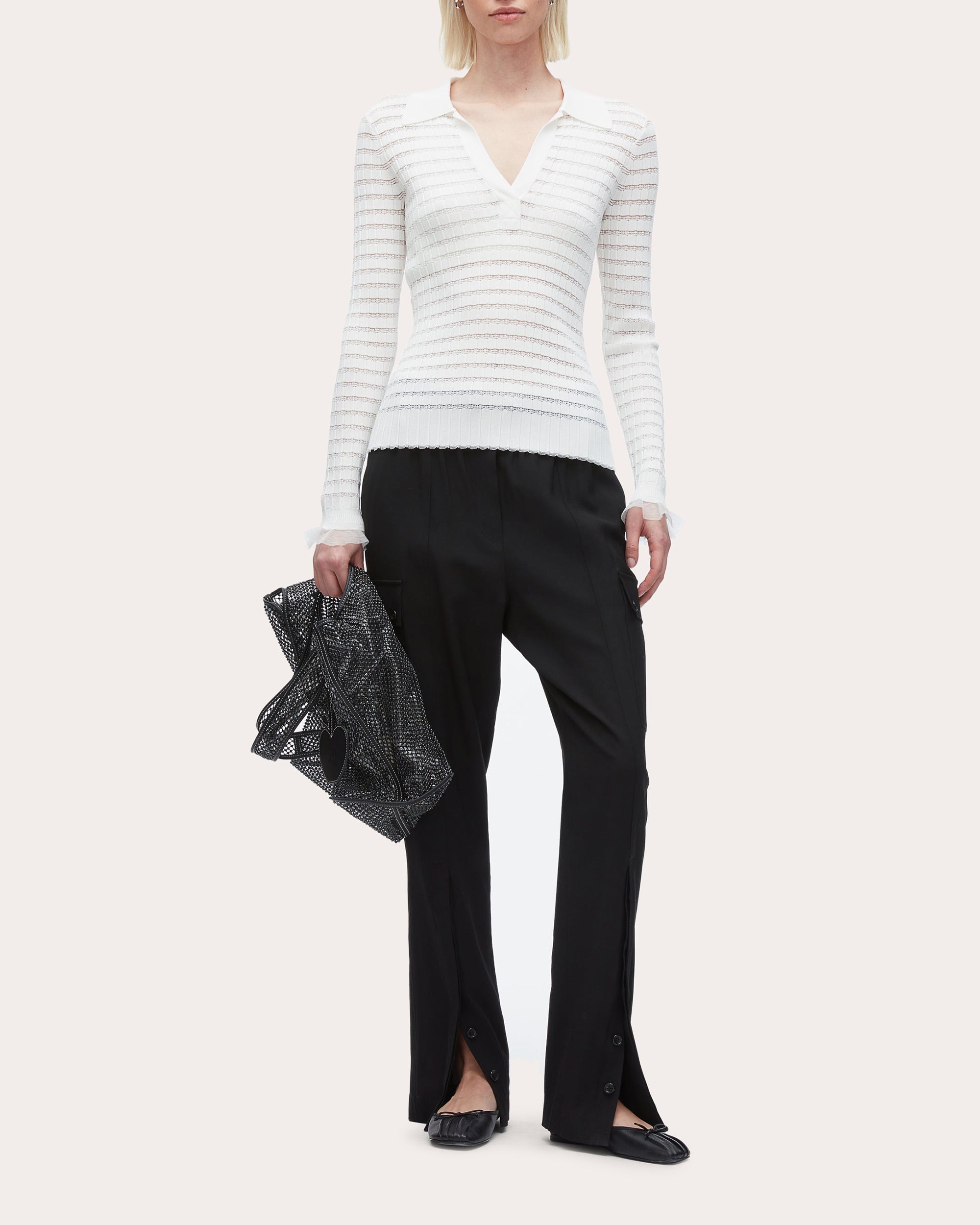 Ribbed Pointelle Knit Polo Top