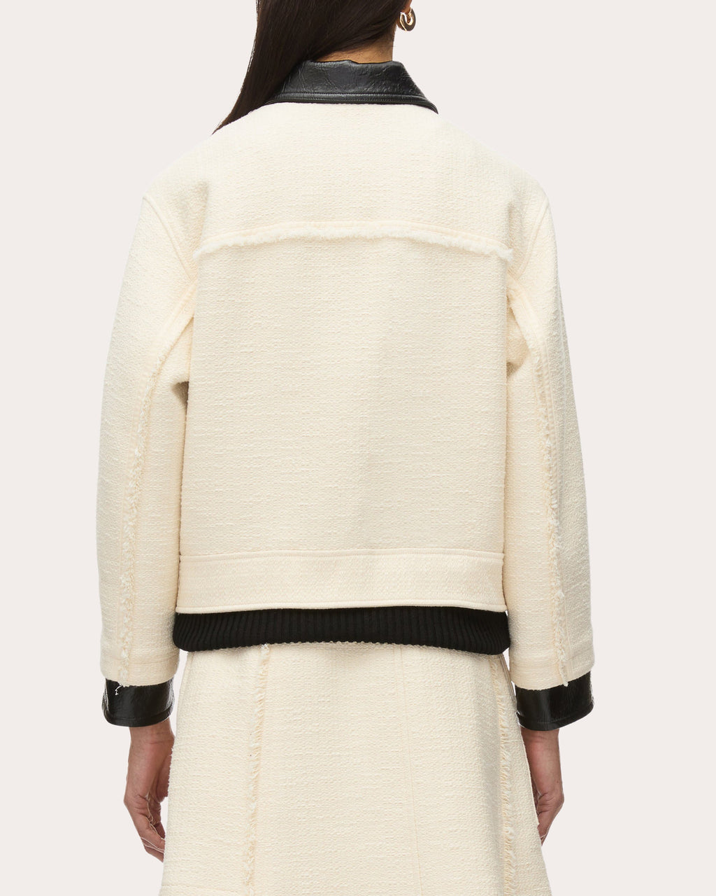 Layered Faux Leather-Trim Tweed Jacket