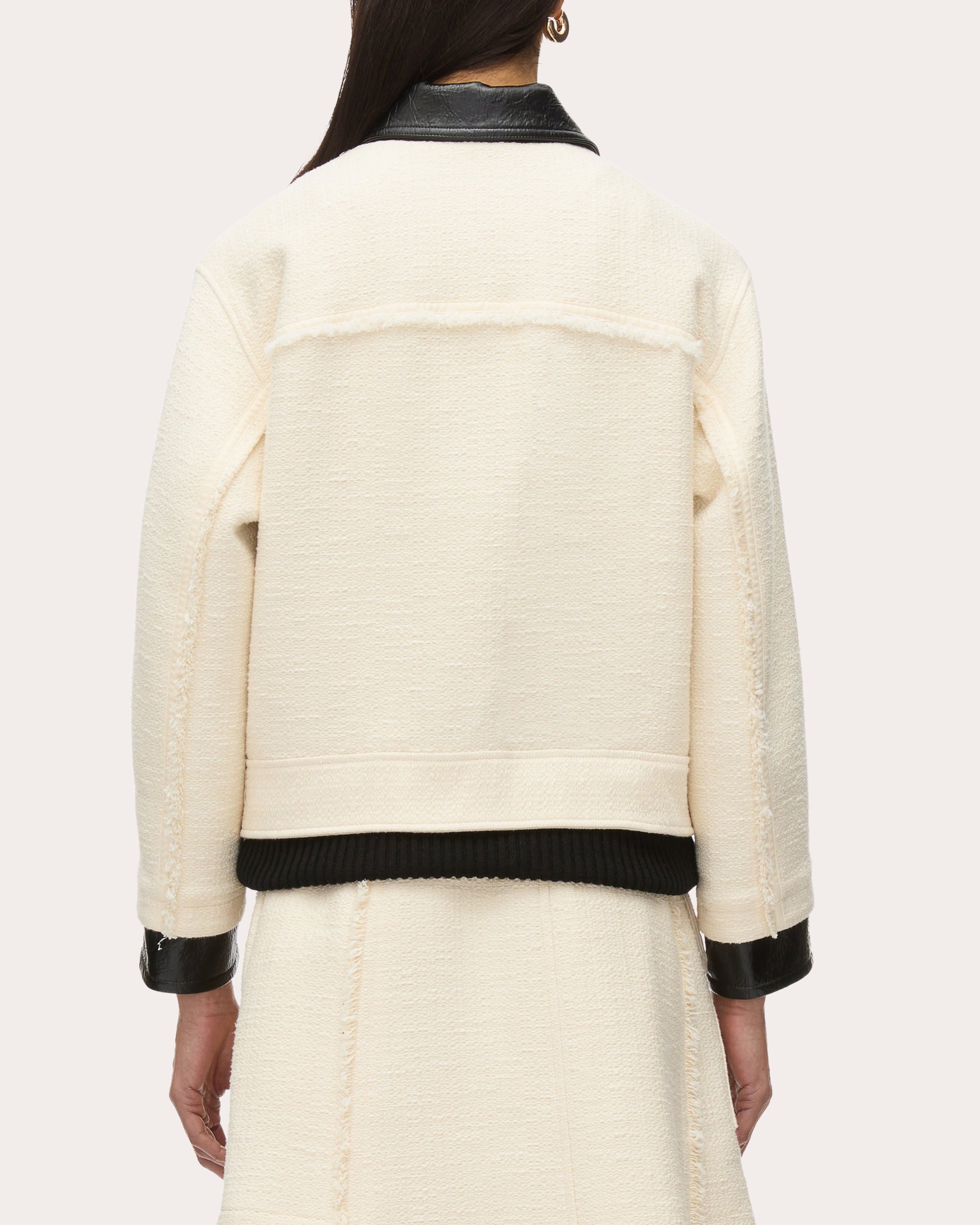 Layered Faux Leather-Trim Tweed Jacket