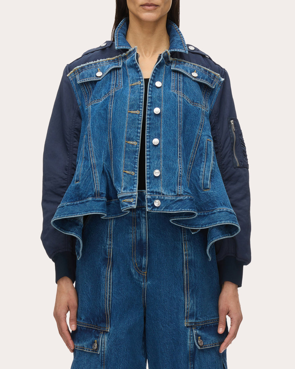 Ruffle-Hem Paneled Denim Flight Jacket