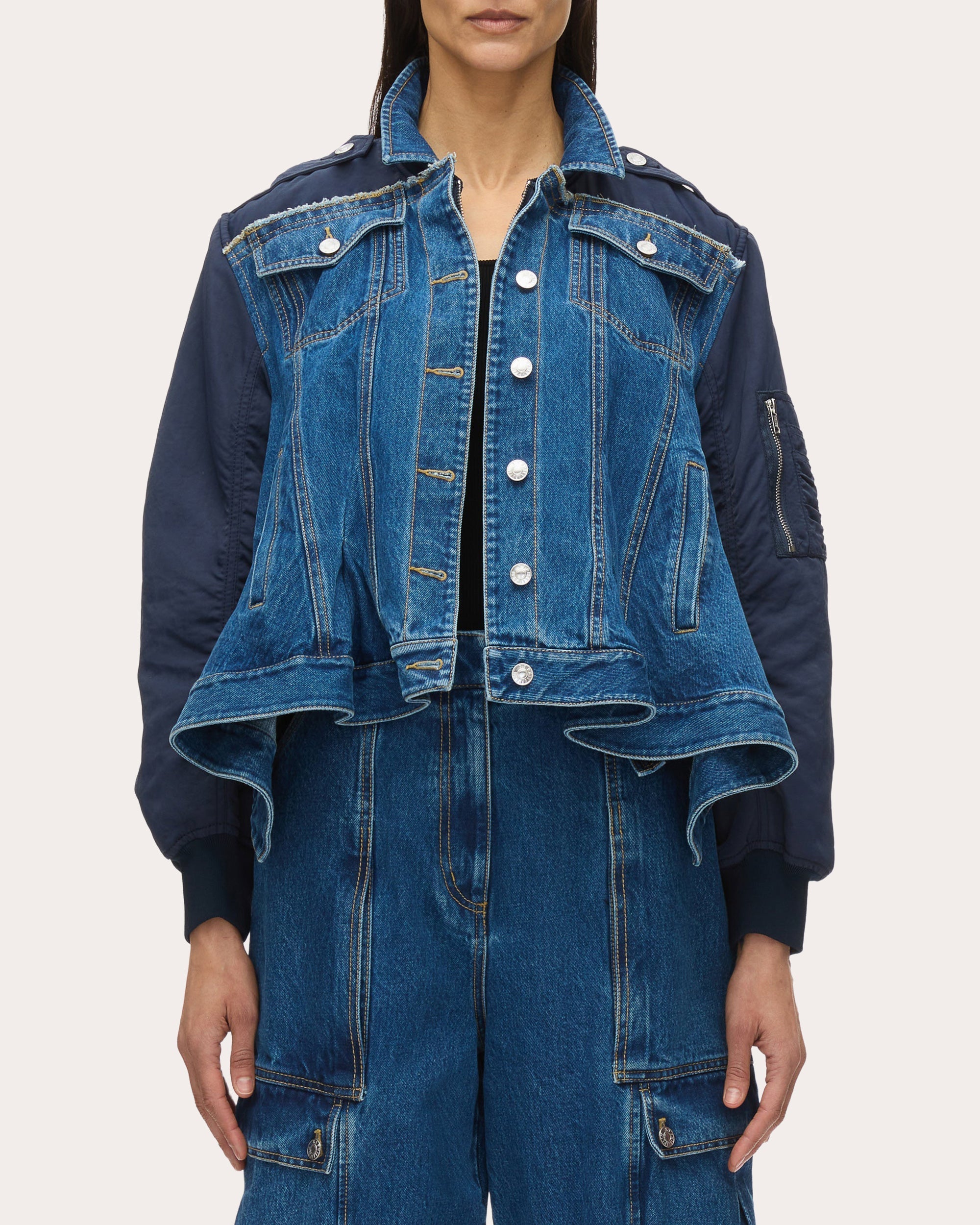 Ruffle-Hem Paneled Denim Flight Jacket