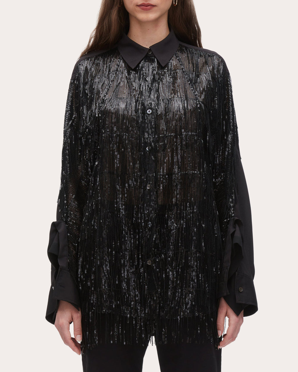 Fringed Sequin-Embellished Crepe Blouse