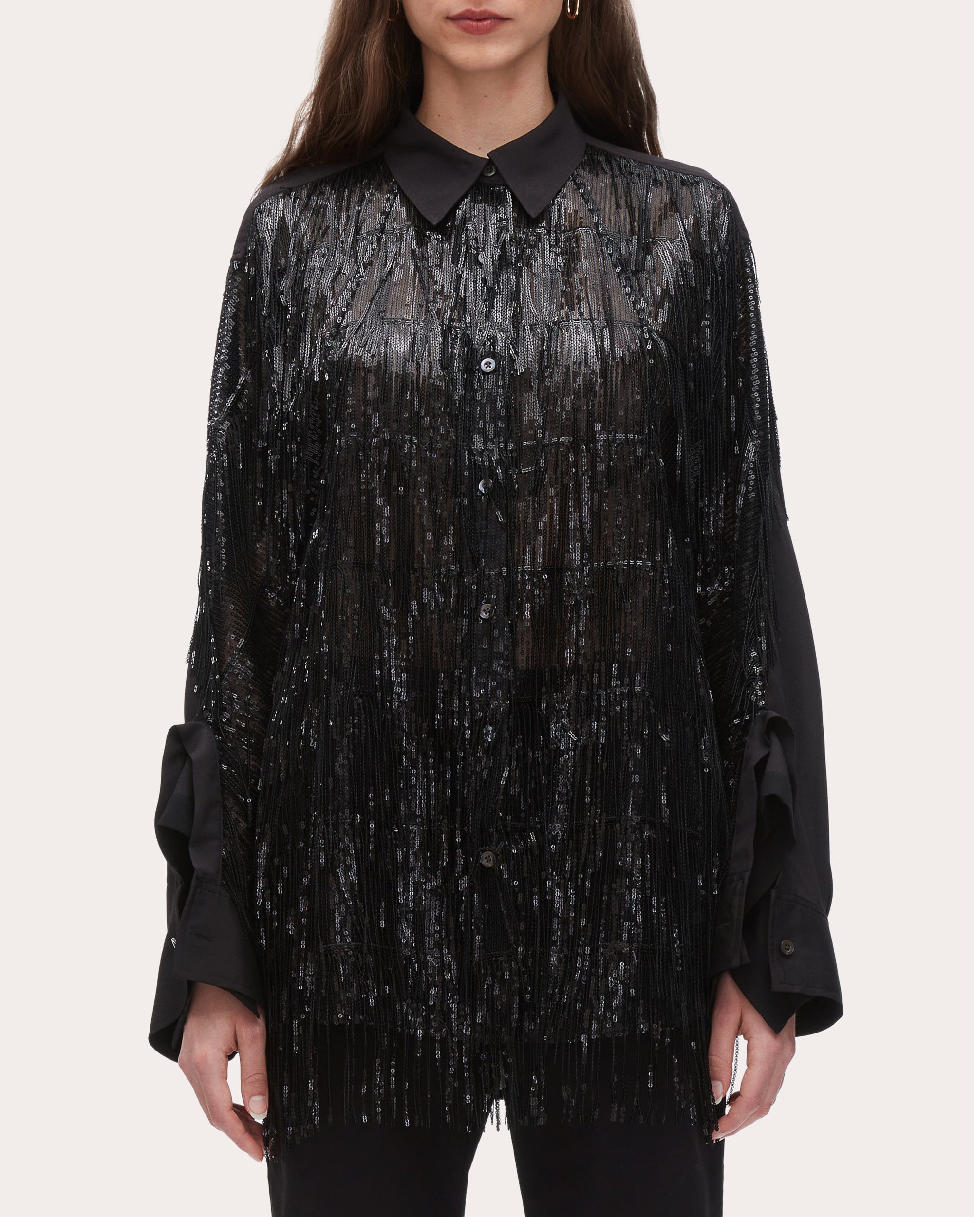 Fringed Sequin-Embellished Crepe Blouse