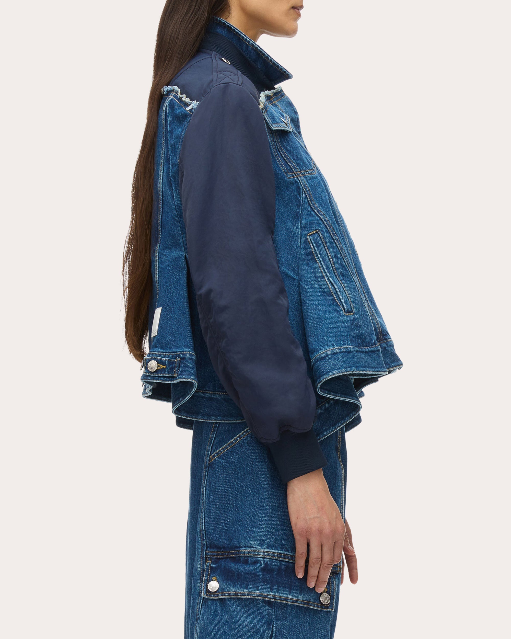 Ruffle-Hem Paneled Denim Flight Jacket