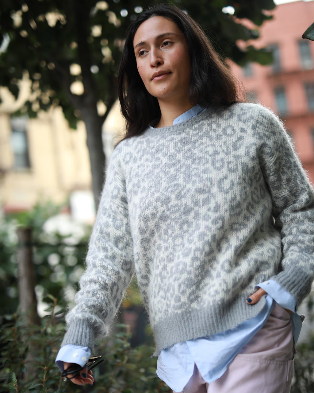 Kimry Jacquard-Knit Brushed Cashmere-Blend Sweater
