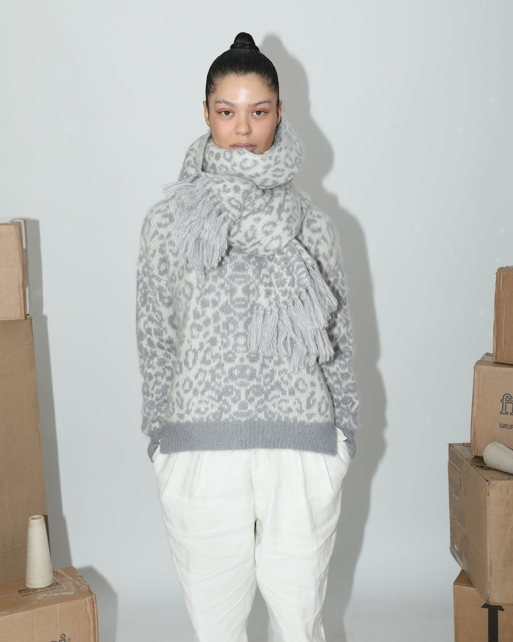 Kimry Jacquard-Knit Brushed Cashmere-Blend Sweater