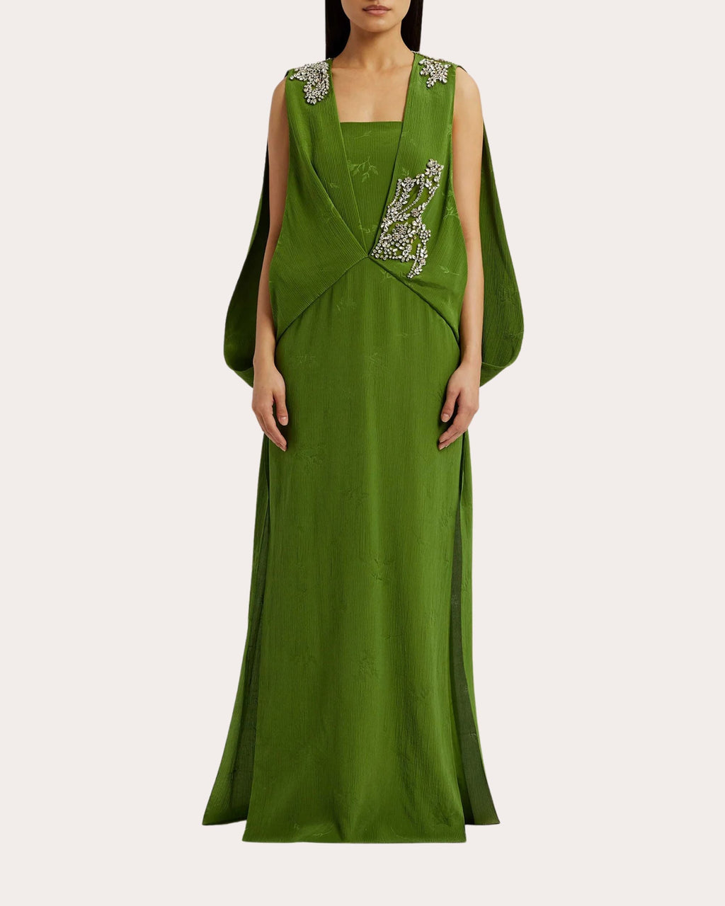 Draped Crystal-Embellished Crinkle Jacquard Gown