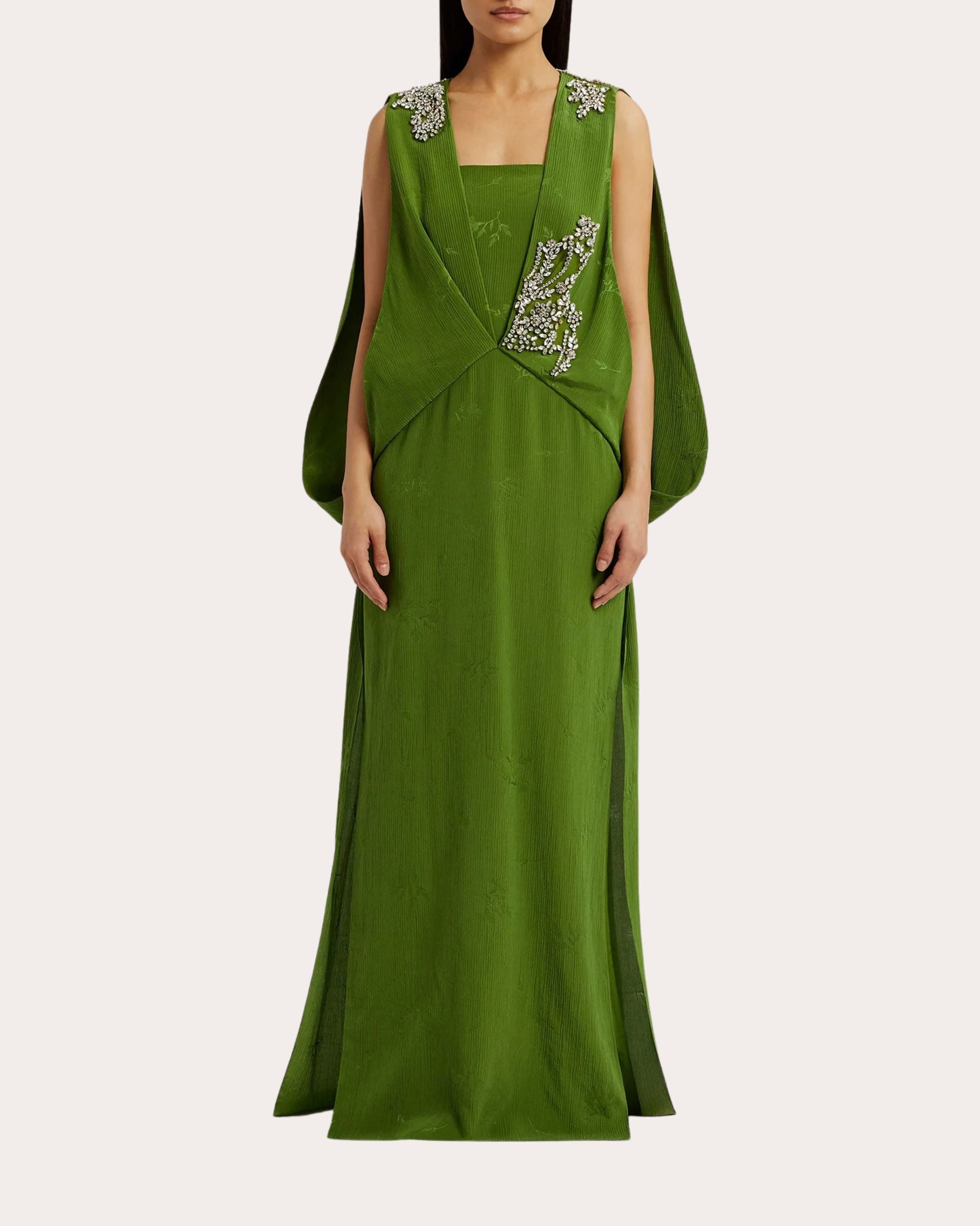 Draped Crystal-Embellished Crinkle Jacquard Gown