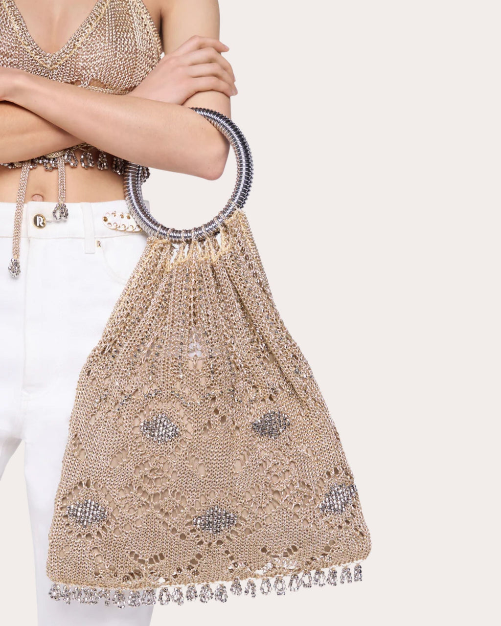 Fringed Embellished Metallic Crochet Tote