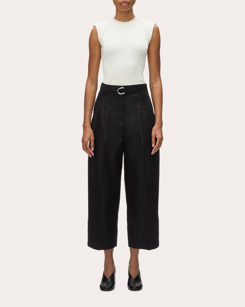 Cropped Pleated Wide-Leg Poplin Pants
