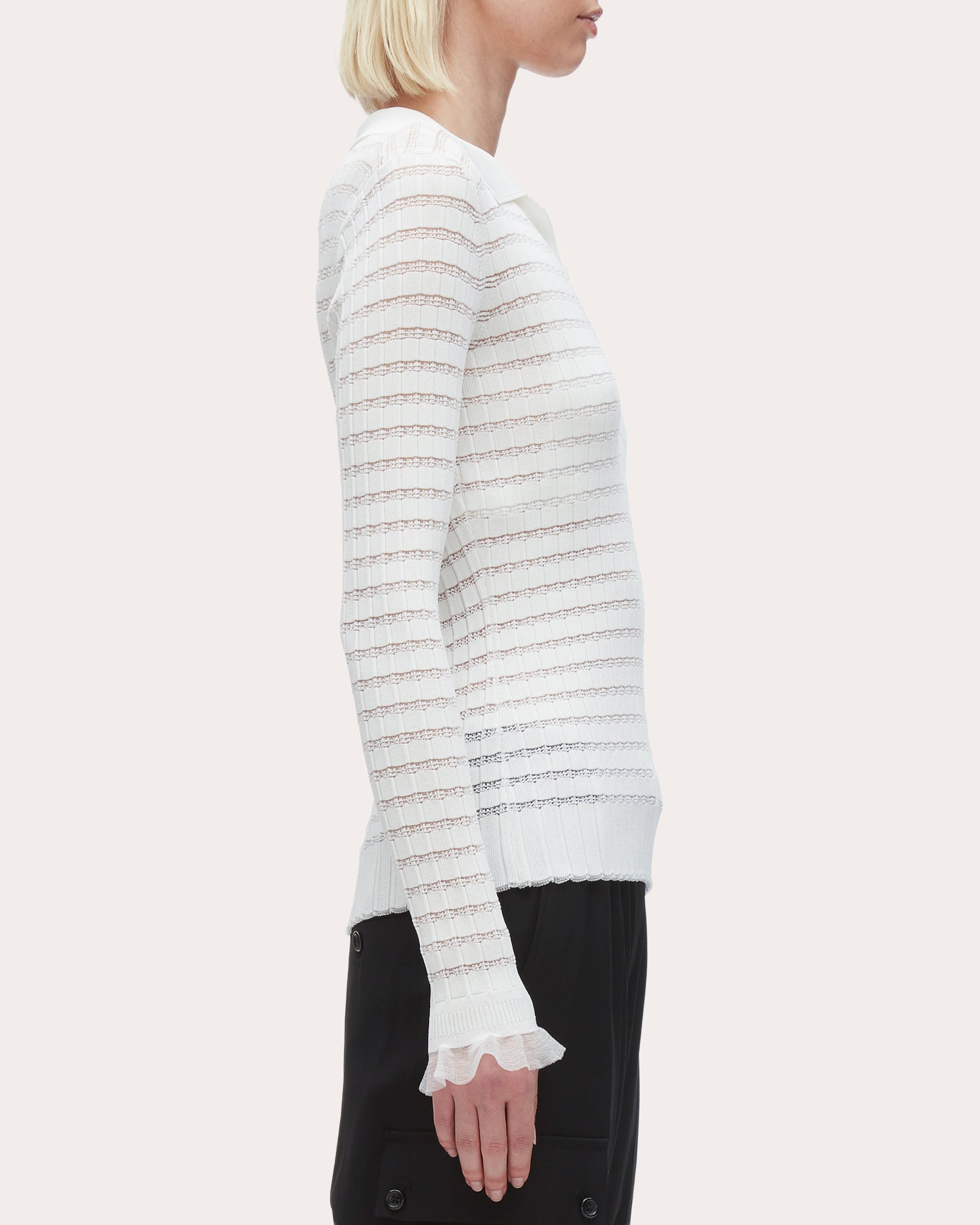 Ribbed Pointelle Knit Polo Top