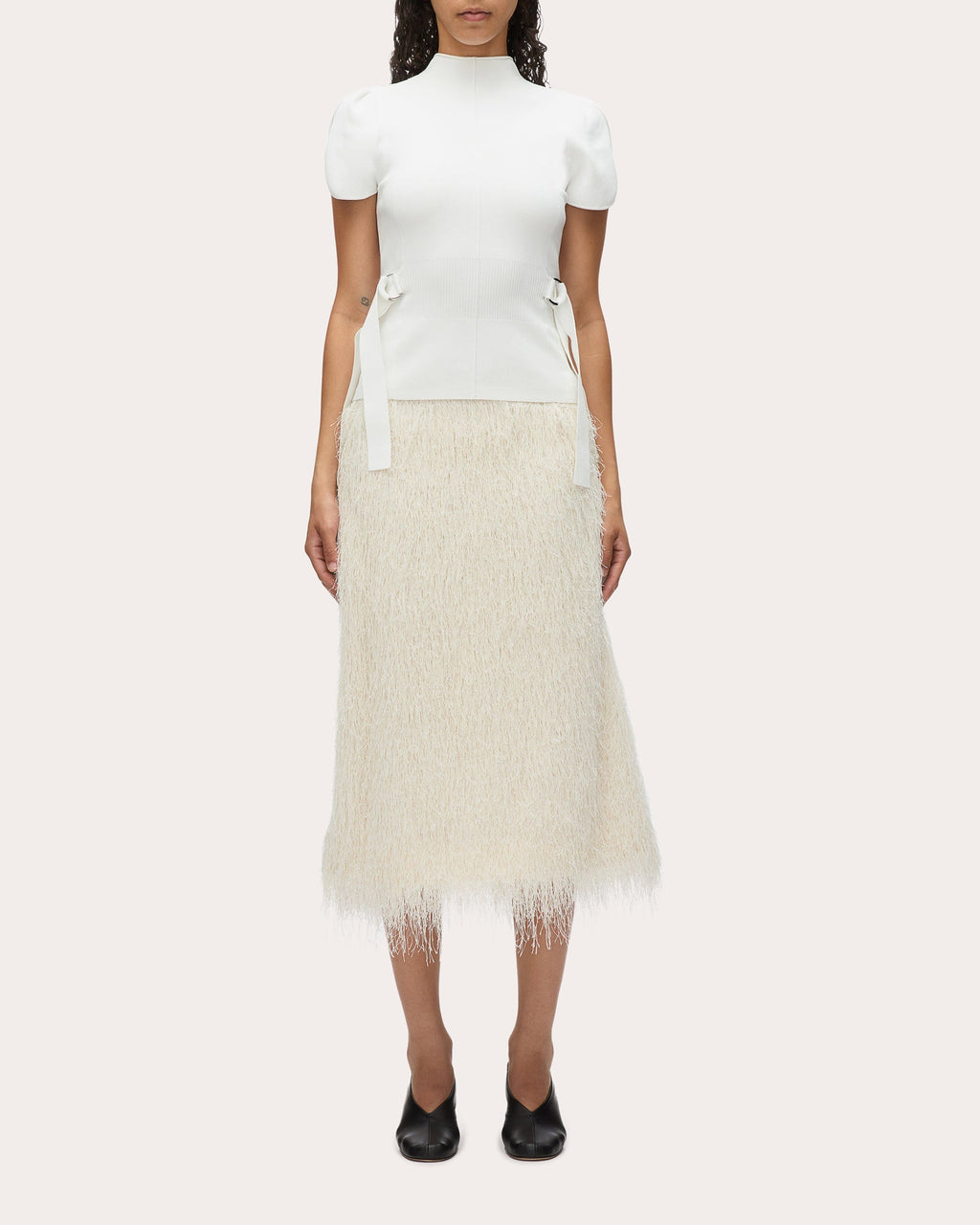 Compact Rib Knit Mock Neck Tulip-Sleeve Top