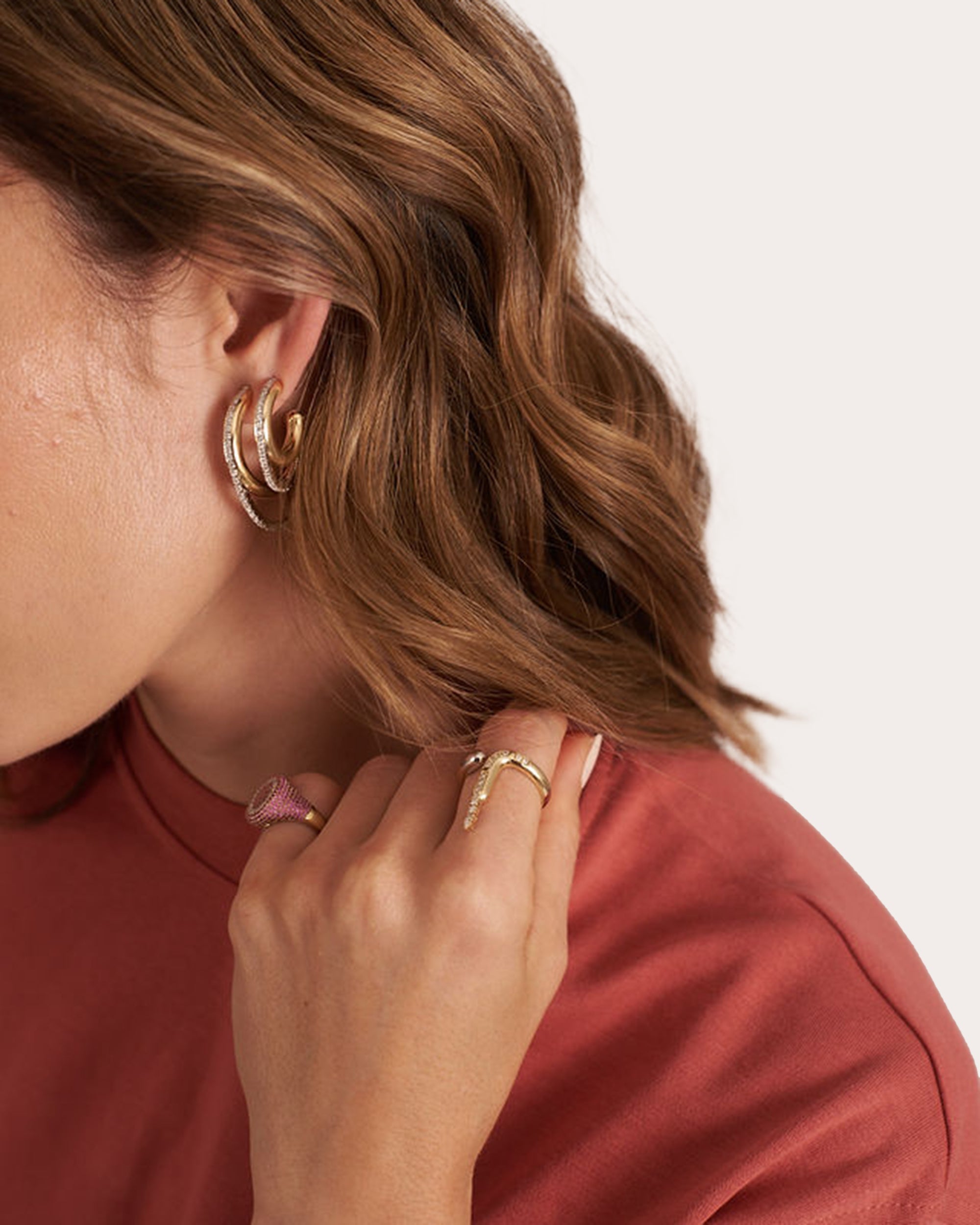 Tube 36mm 14K Gold Diamond Double Hoop Earrings