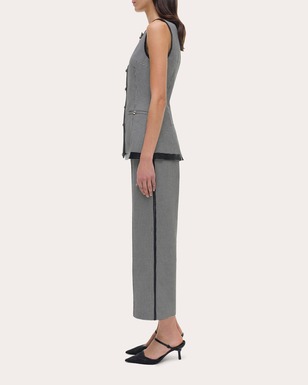 Cressida Faux Leather-Trim Houndstooth Top