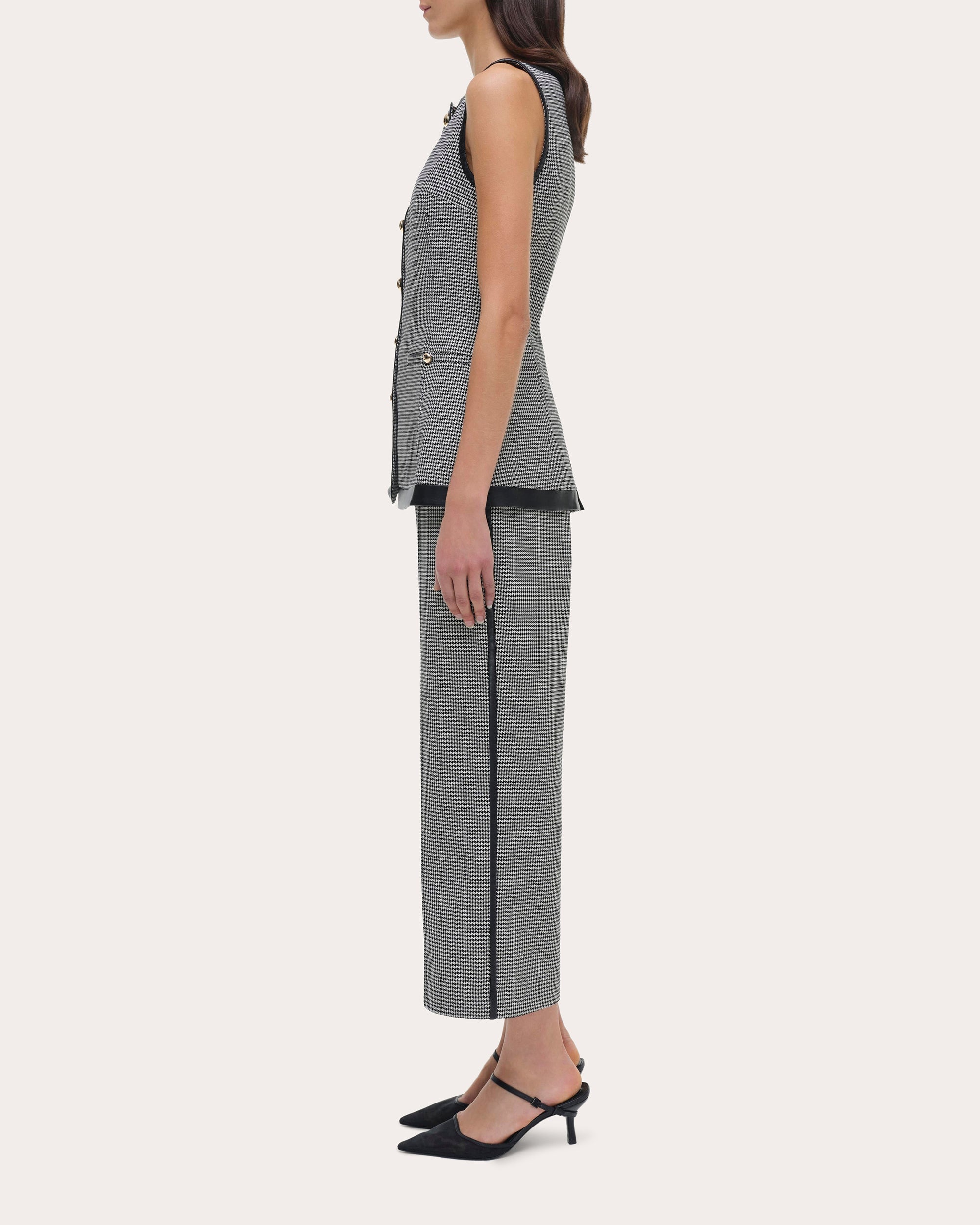 Cressida Faux Leather-Trim Houndstooth Top
