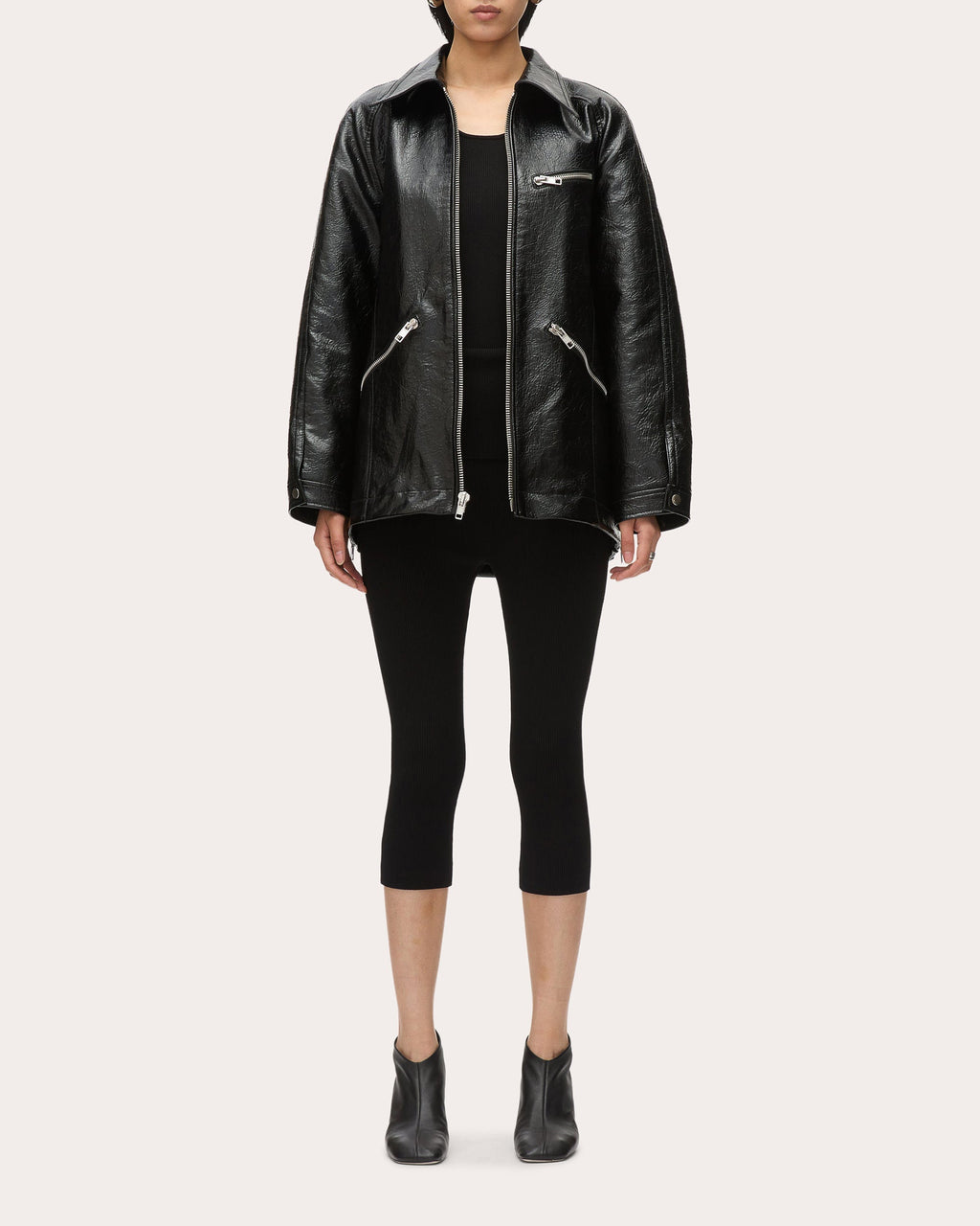 Zipper-Embellished Faux Leather Jacket