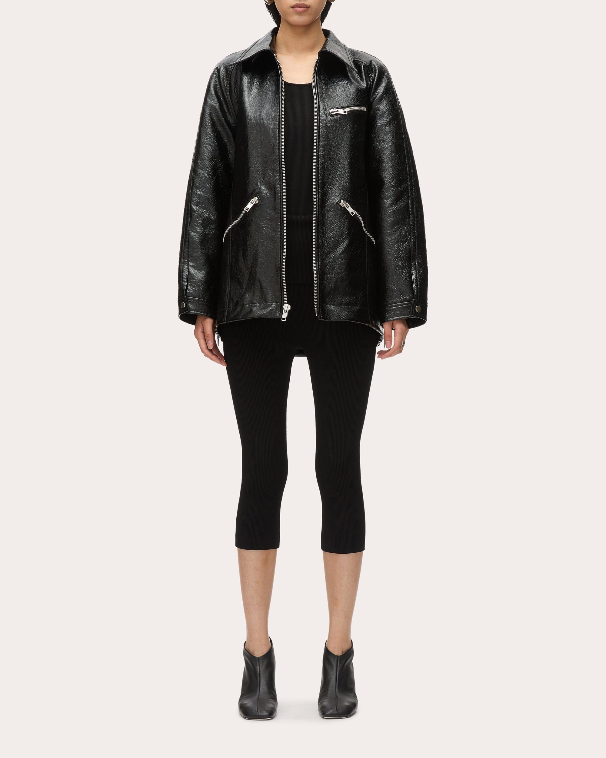 Zipper-Embellished Faux Leather Jacket