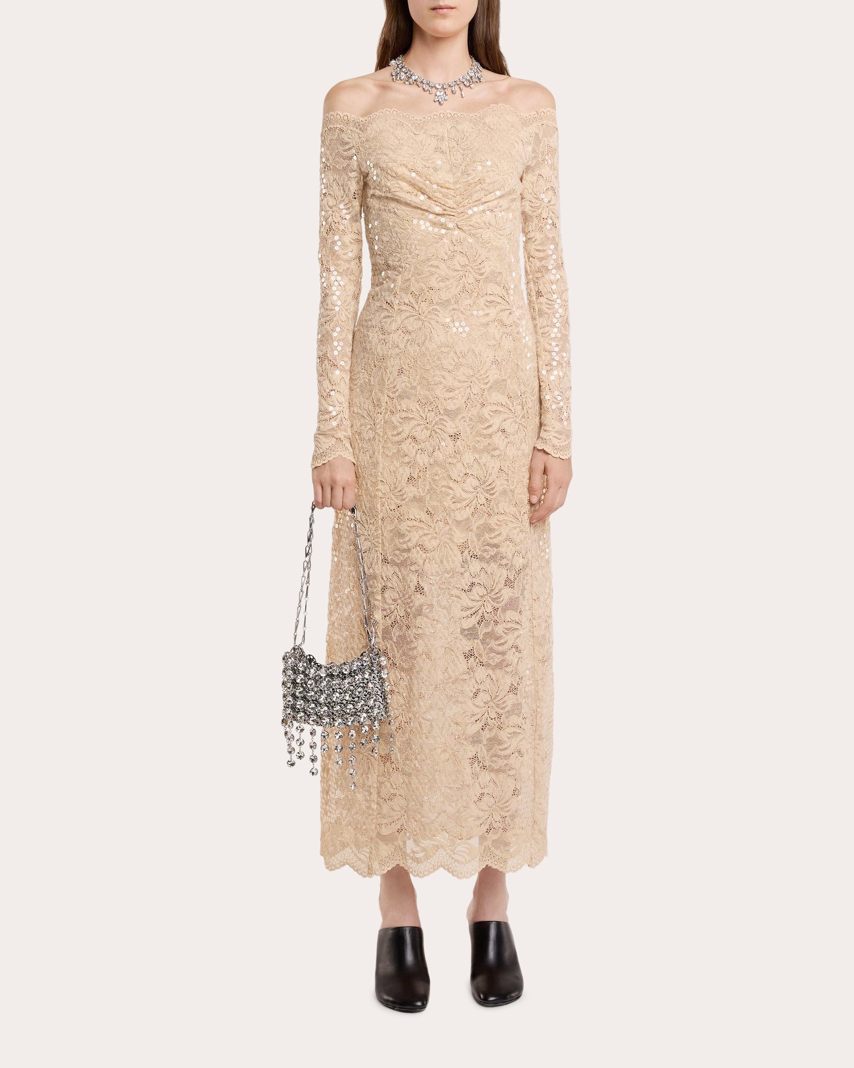 Sequin-Embellished Ruched Lace Maxi Dress