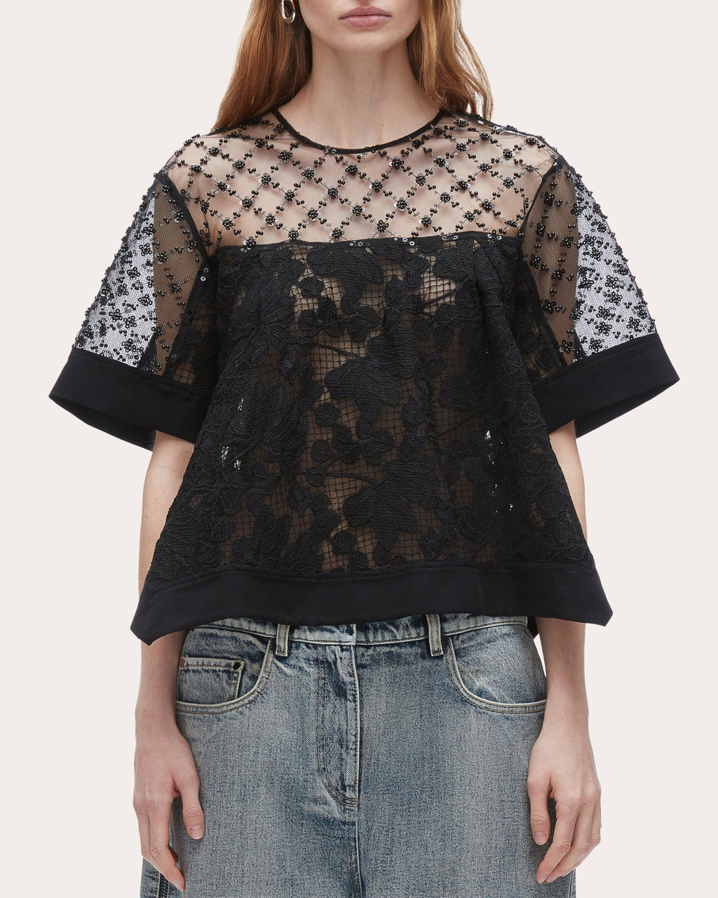 Embellished Floral Lace Organza Top