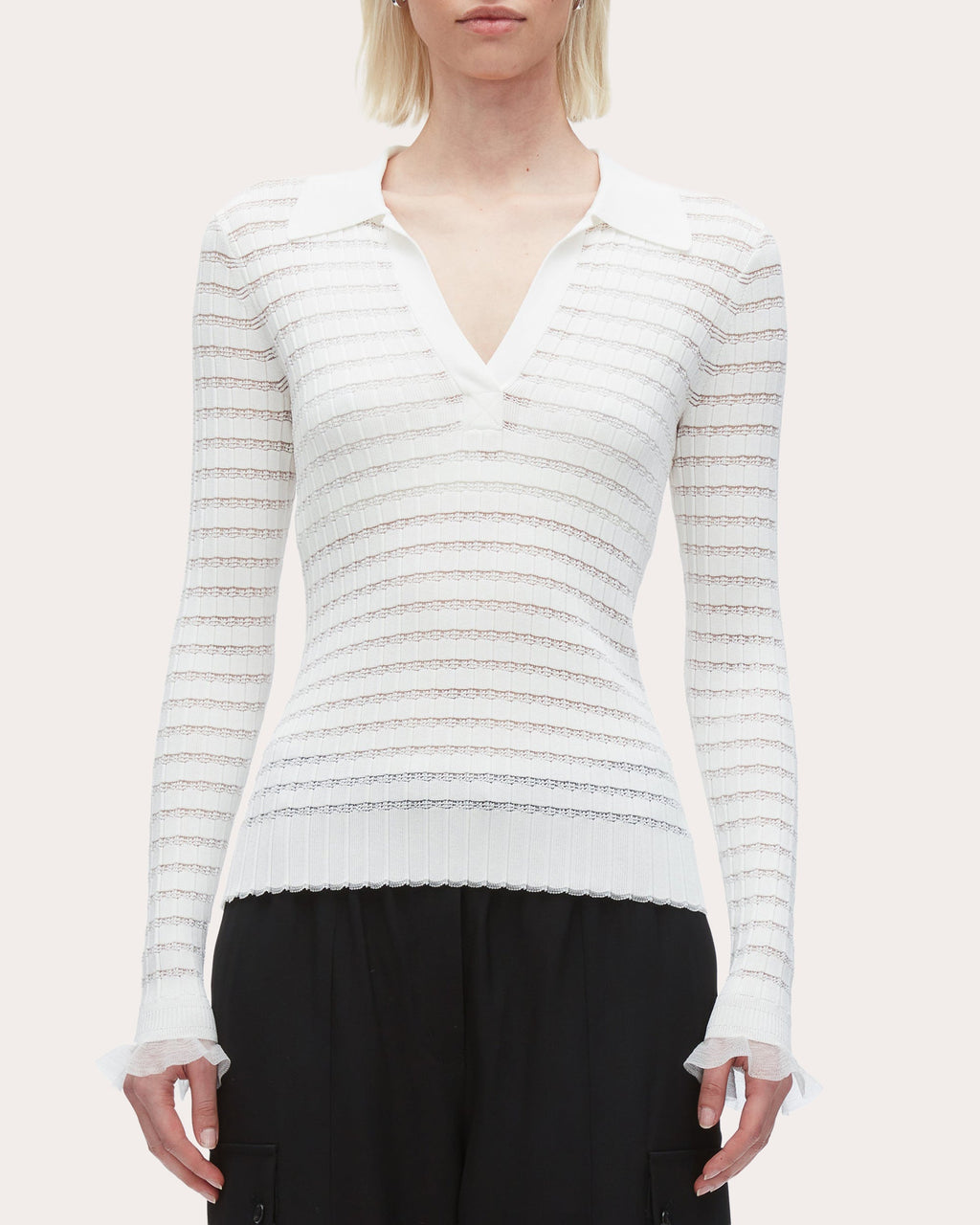 Ribbed Pointelle Knit Polo Top