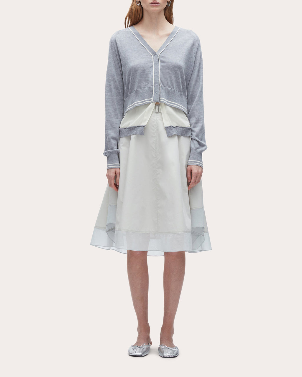 Layered Chiffon-Paneled Wool Cardigan