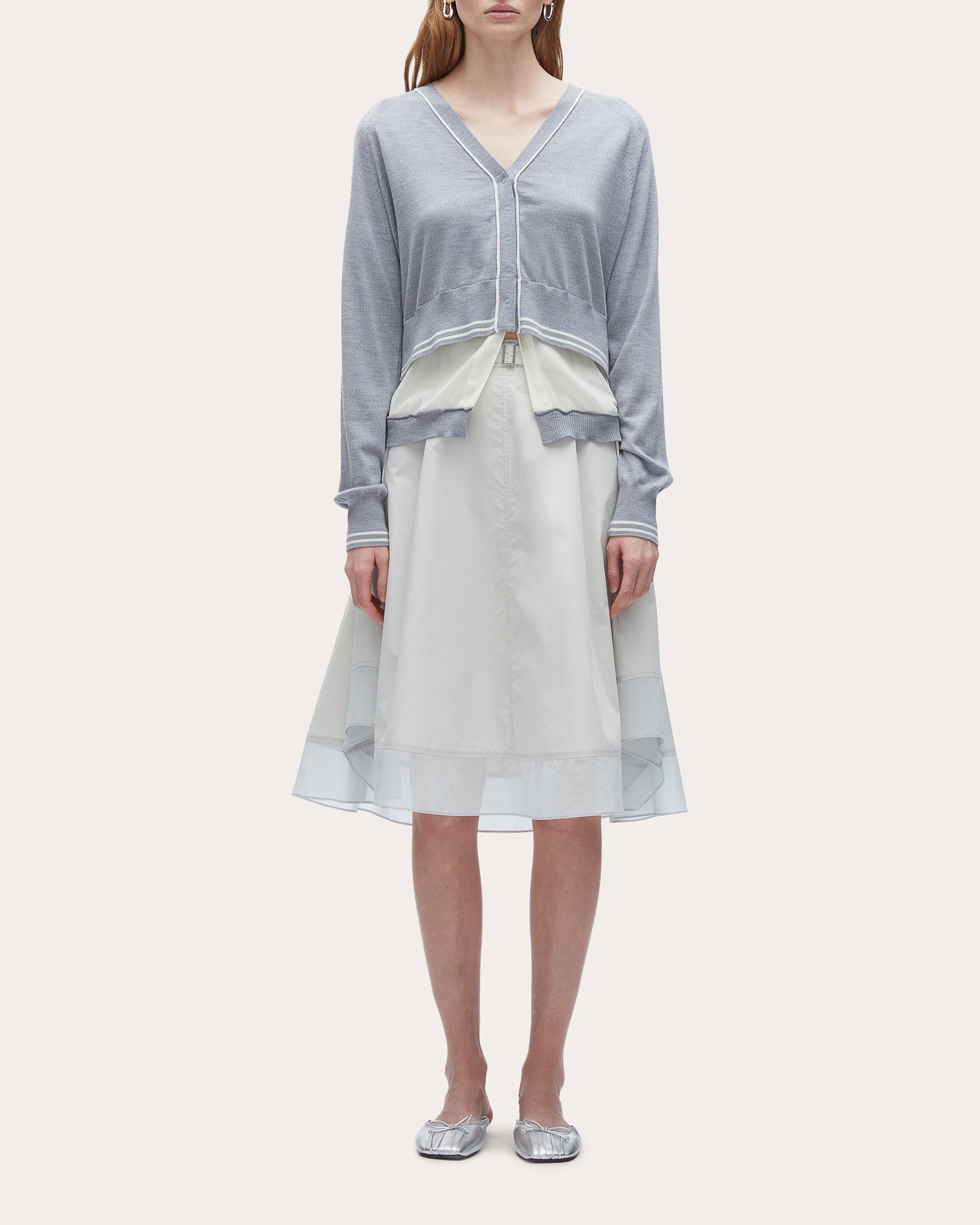 Layered Chiffon-Paneled Wool Cardigan