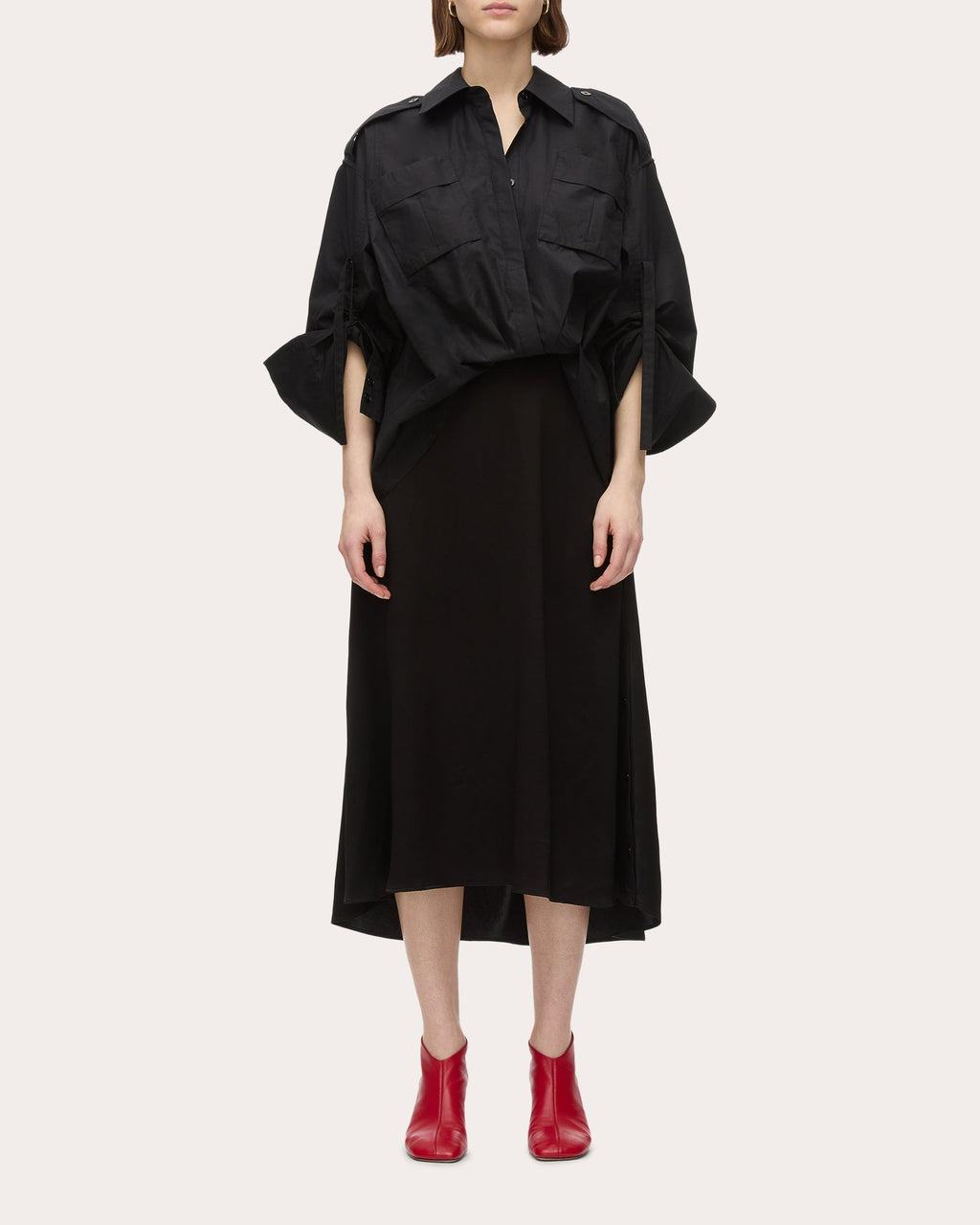 Draped Layered Poplin Satin Combo Midi Dress