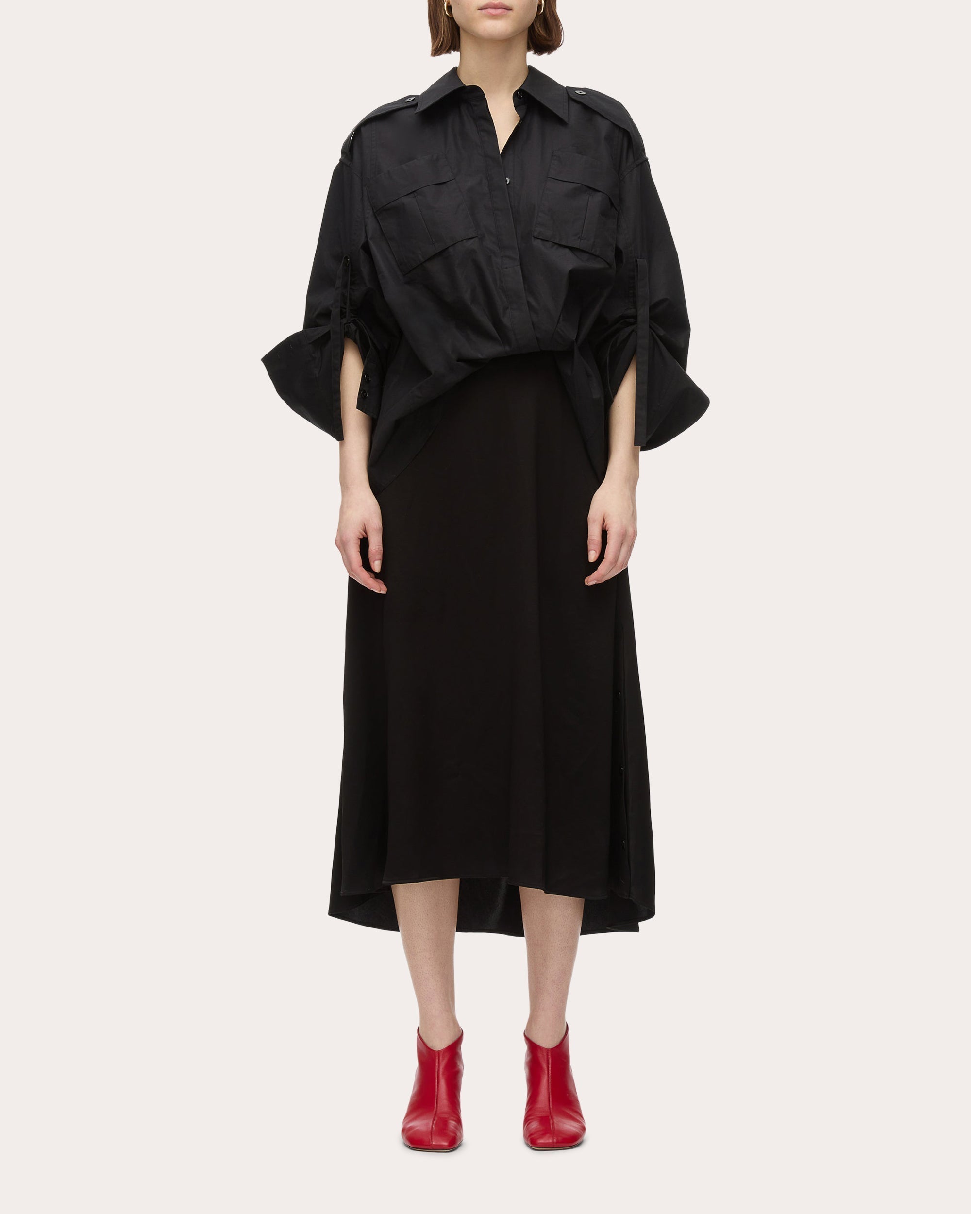 Draped Layered Poplin Satin Combo Midi Dress