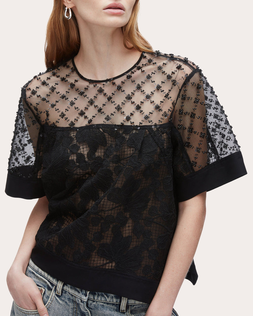 Embellished Floral Lace Organza Top