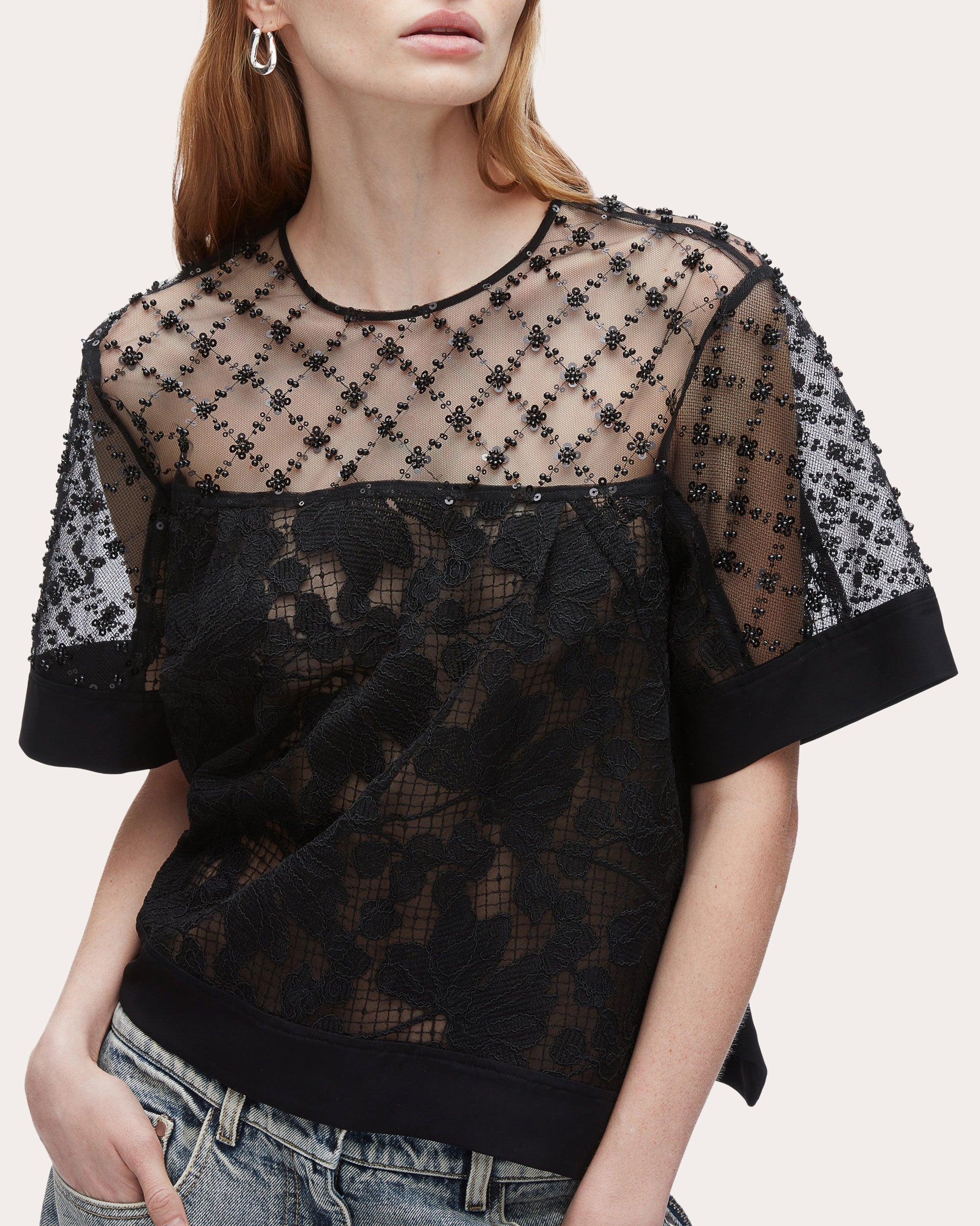 Embellished Floral Lace Organza Top