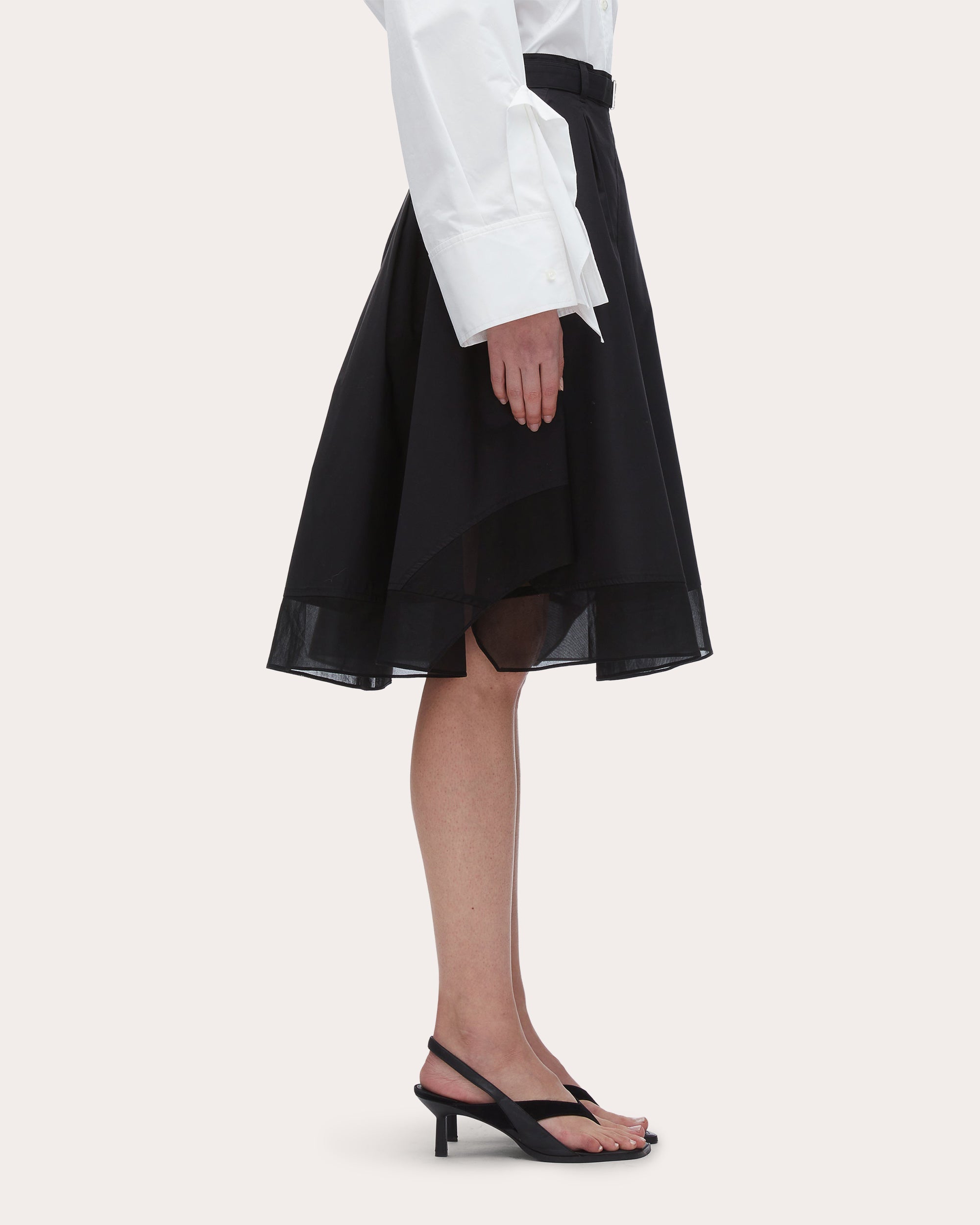 Belted Voile-Trimmed Poplin Skirt