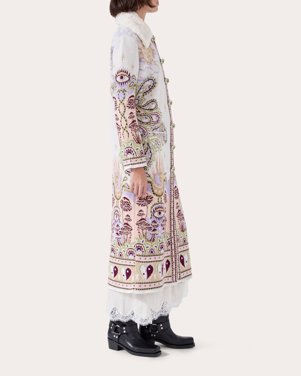 Written in the Stars Faux Fur Trimmed Jacquard Knit Coat