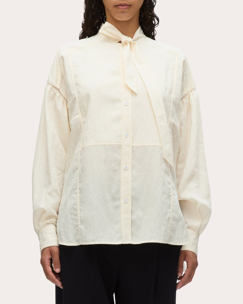 Tie-Neck Techno Poplin Tuxedo Blouse
